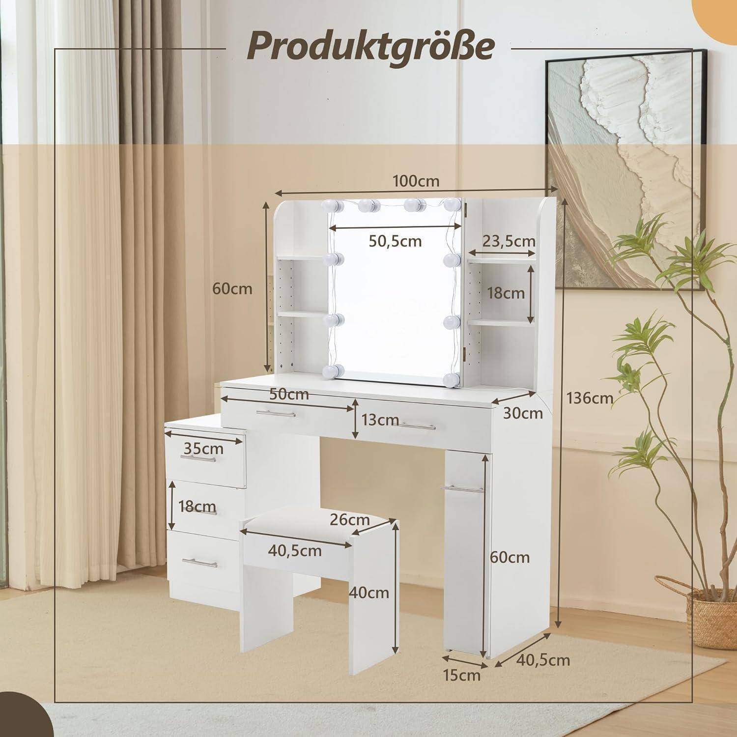 Weiße Schminkkommode mit Spiegel und Hocker, dargestellt als Größendiagramm mit der Bezeichnung „Produktgröße" und Abmessungen in Zentimetern.