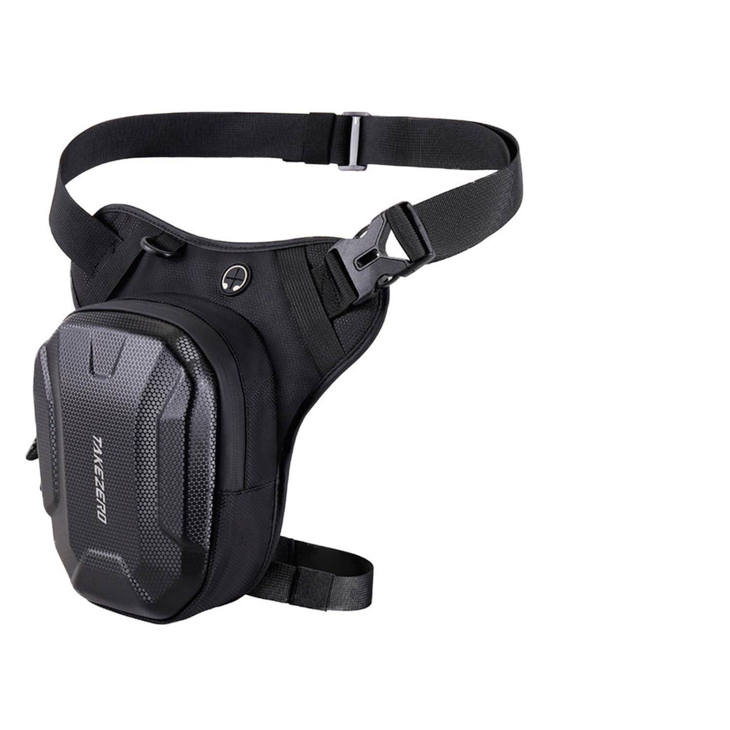 Schwarze taktische Oberschenkel-Holster-Tasche mit verstellbaren Hüft- und Beinriemen, mit einer verstärkten Vordertasche und Schnallenverschlüssen.