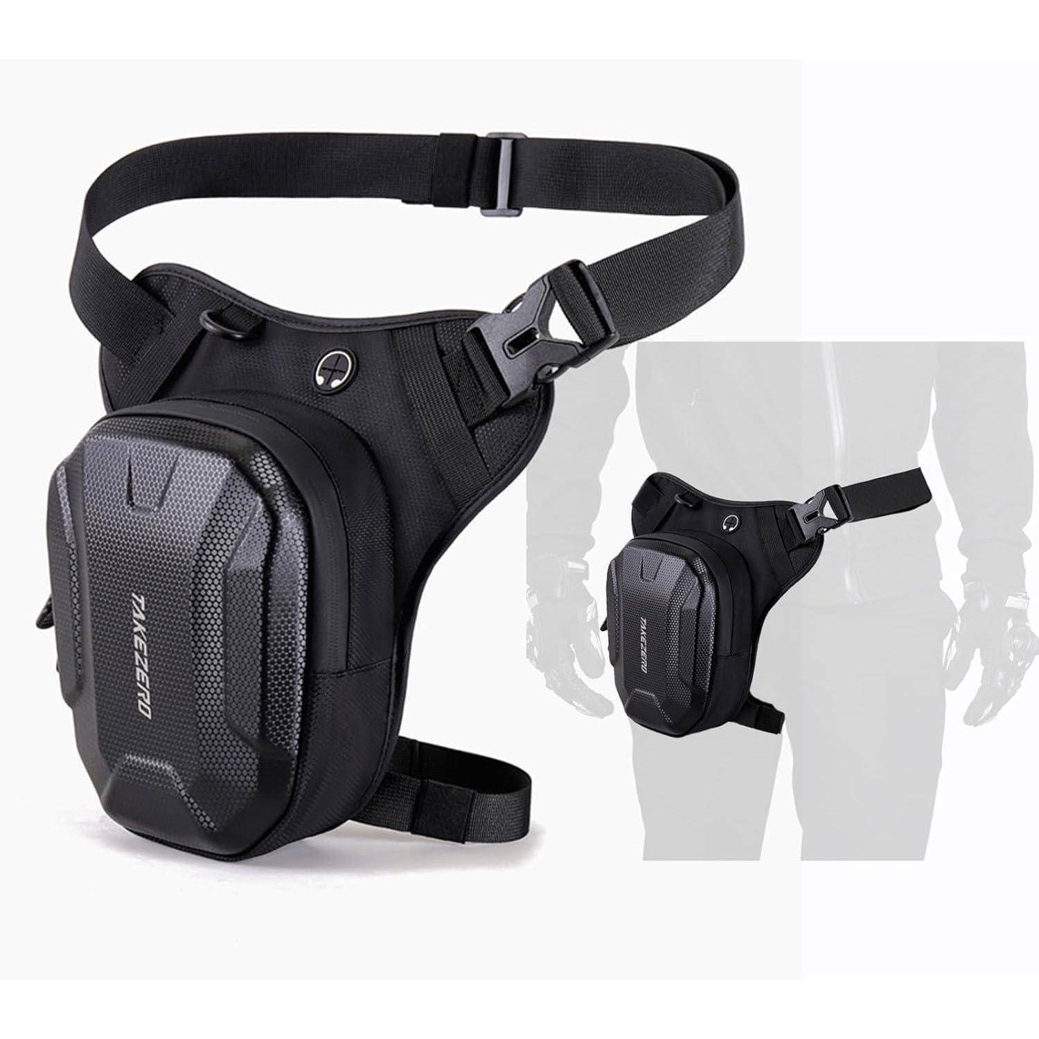 Schwarze taktische Oberschenkeltasche mit verstellbaren Hüft- und Beinriemen, dargestellt getragen am oberen Oberschenkel an einer menschlichen Silhouette.