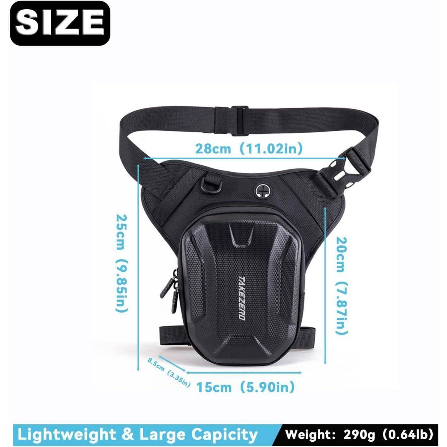 Größentabelle einer schwarzen Oberschenkeltasche mit den Abmessungen 28 cm Breite, 25 cm Höhe, 20 cm Seitenhöhe, 15 cm Bodenbreite und Gewicht 290 g.