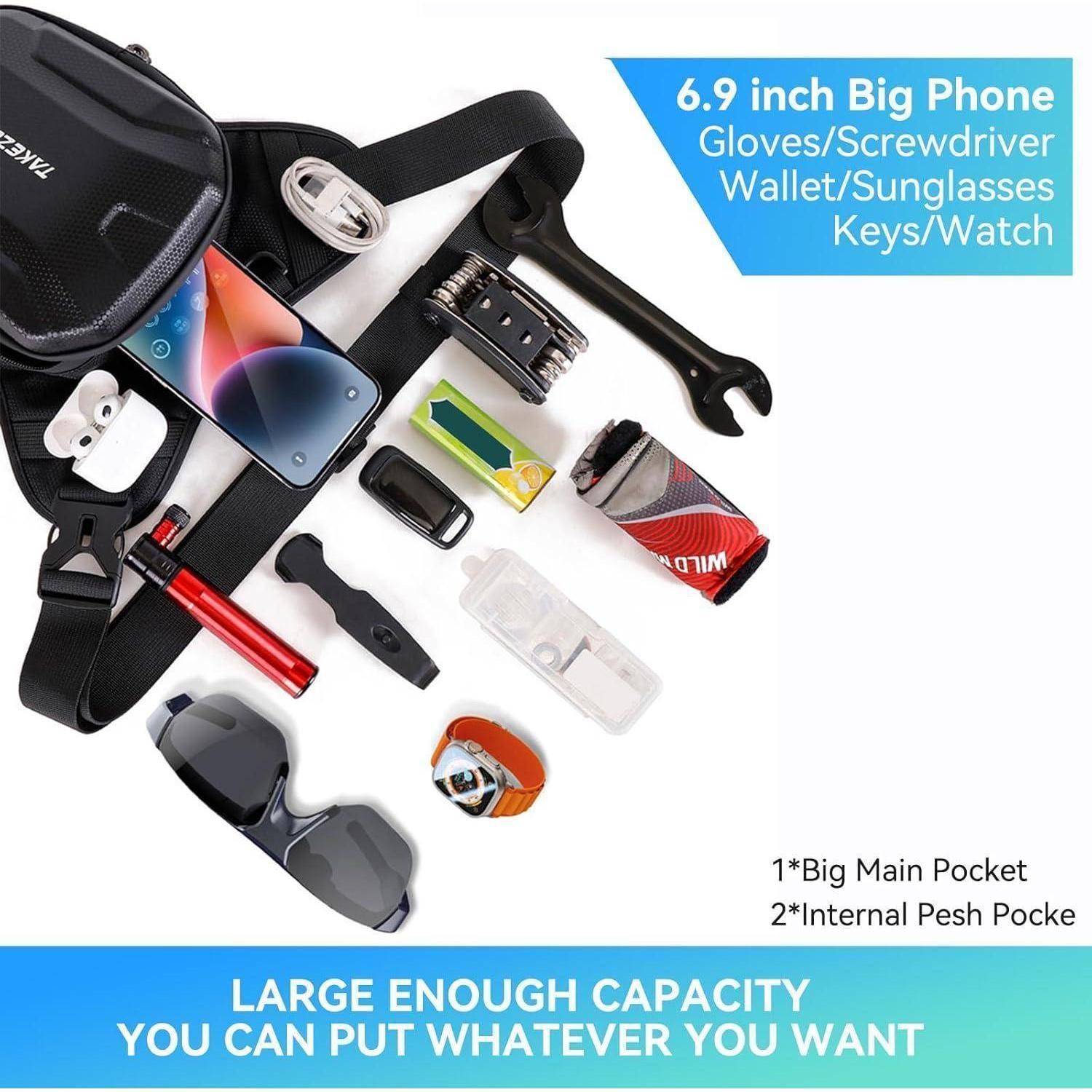 Produktanzeige mit einer Schultertasche und um sie herum angeordneten Gegenständen, die die Lagerung für '6,9 Zoll großes Telefon' für Handschuhe, Schraubendreher, Geldbörse, Sonnenbrille, Schlüssel und Uhr hervorheben.