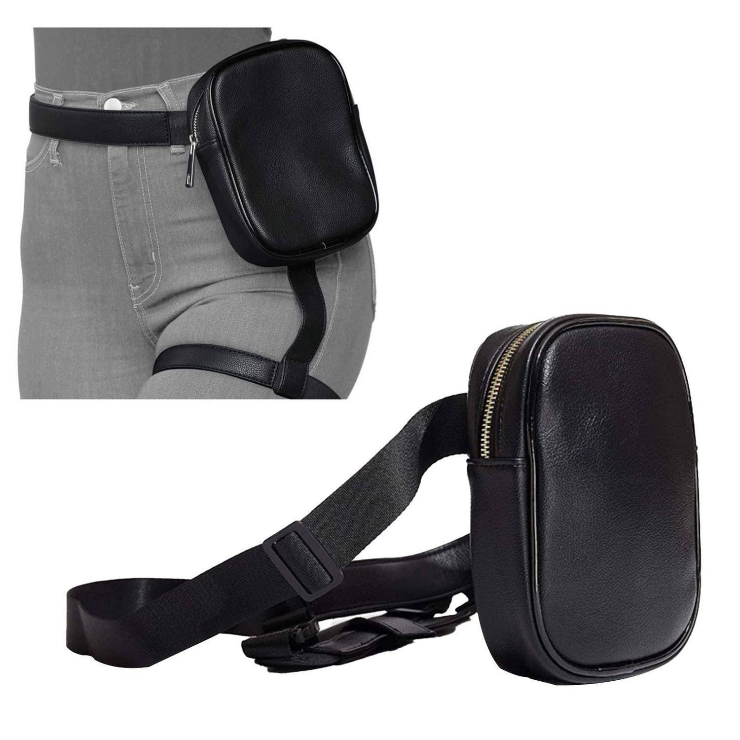 Schwarze Oberschenkelholster mit Reißverschluss, um Taille und Oberschenkel geschnallt, gezeigt getragen an einer Person und einzeln auf weißem Hintergrund.