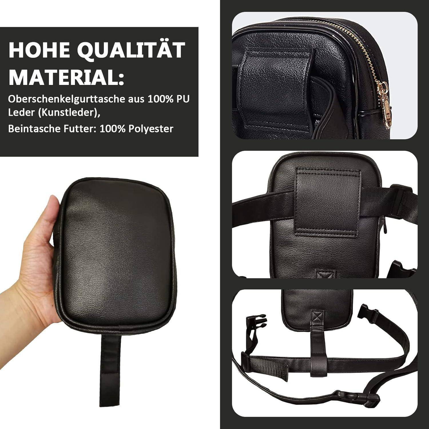 Produktfoto-Collage einer schwarzen Leder-Bein- oder Hüfttasche mit Vorder-, Rück-, Riemen- und Reißverschlussdetails, mit deutschem Text, der hochwertiges Material angibt: 100% PU-Leder und 100% Polyesterfutter.