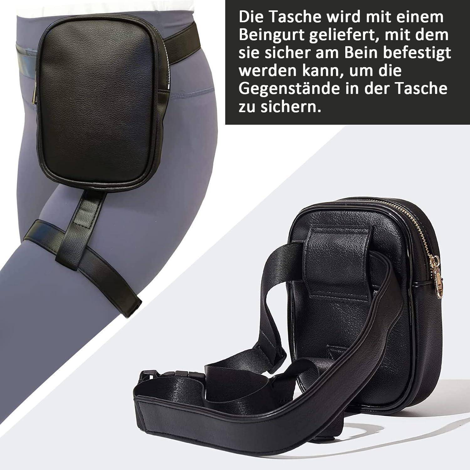 Schwarze Oberschenkeltasche mit verstellbarem Riemen, die an der Oberschenkel getragen wird und allein stehend gezeigt wird; der deutsche Text besagt, dass sie einen Gürtel enthält, um sie am Bein zu sichern und Gegenstände sicher aufzubewahren.