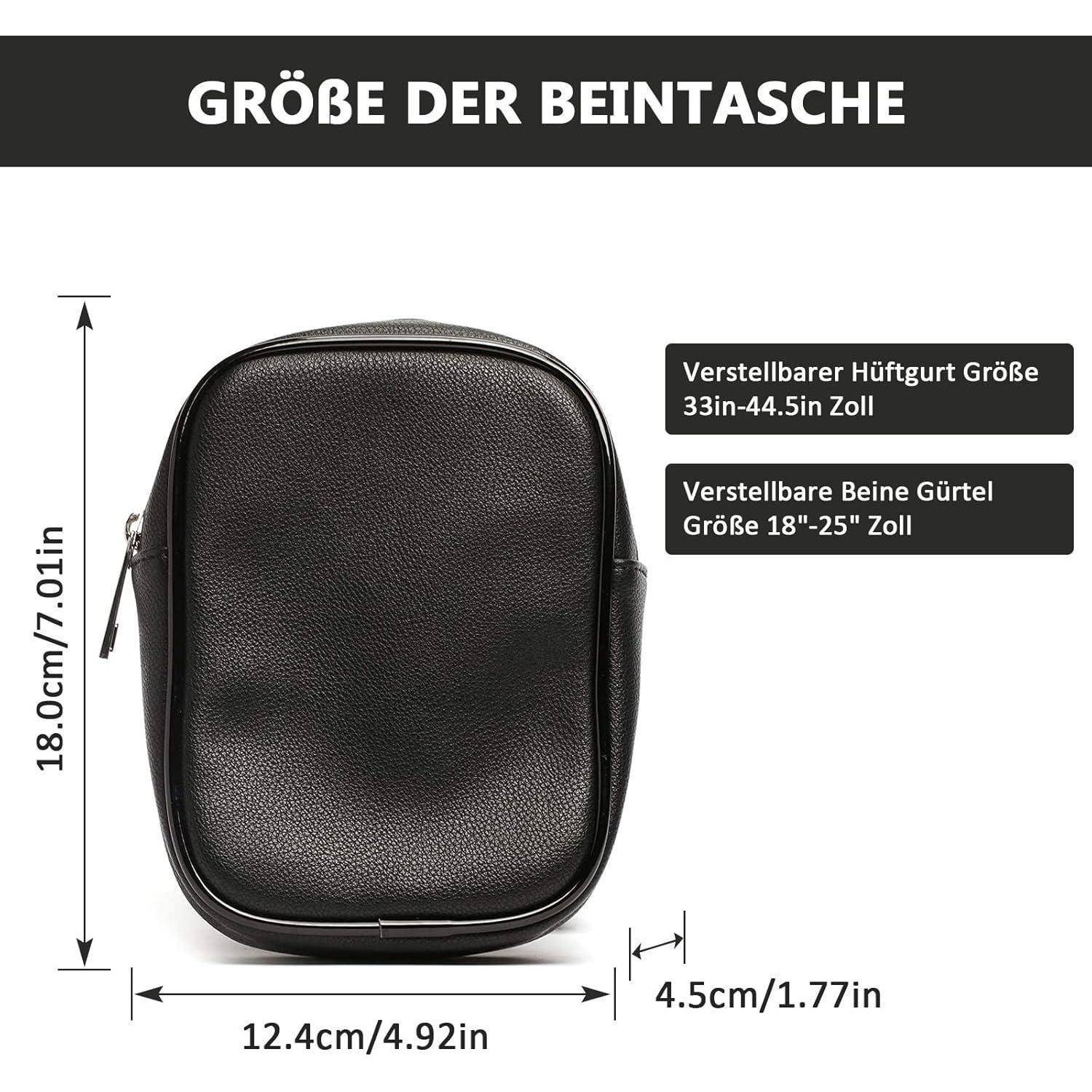 Größentabelle einer schwarzen Hüfttasche mit Abmessungen von 18,0 cm Höhe, 12,4 cm Breite, 4,5 cm Tiefe, plus verstellbare Hüft- und Beingurte mit aufgeführten Größenbereichen.