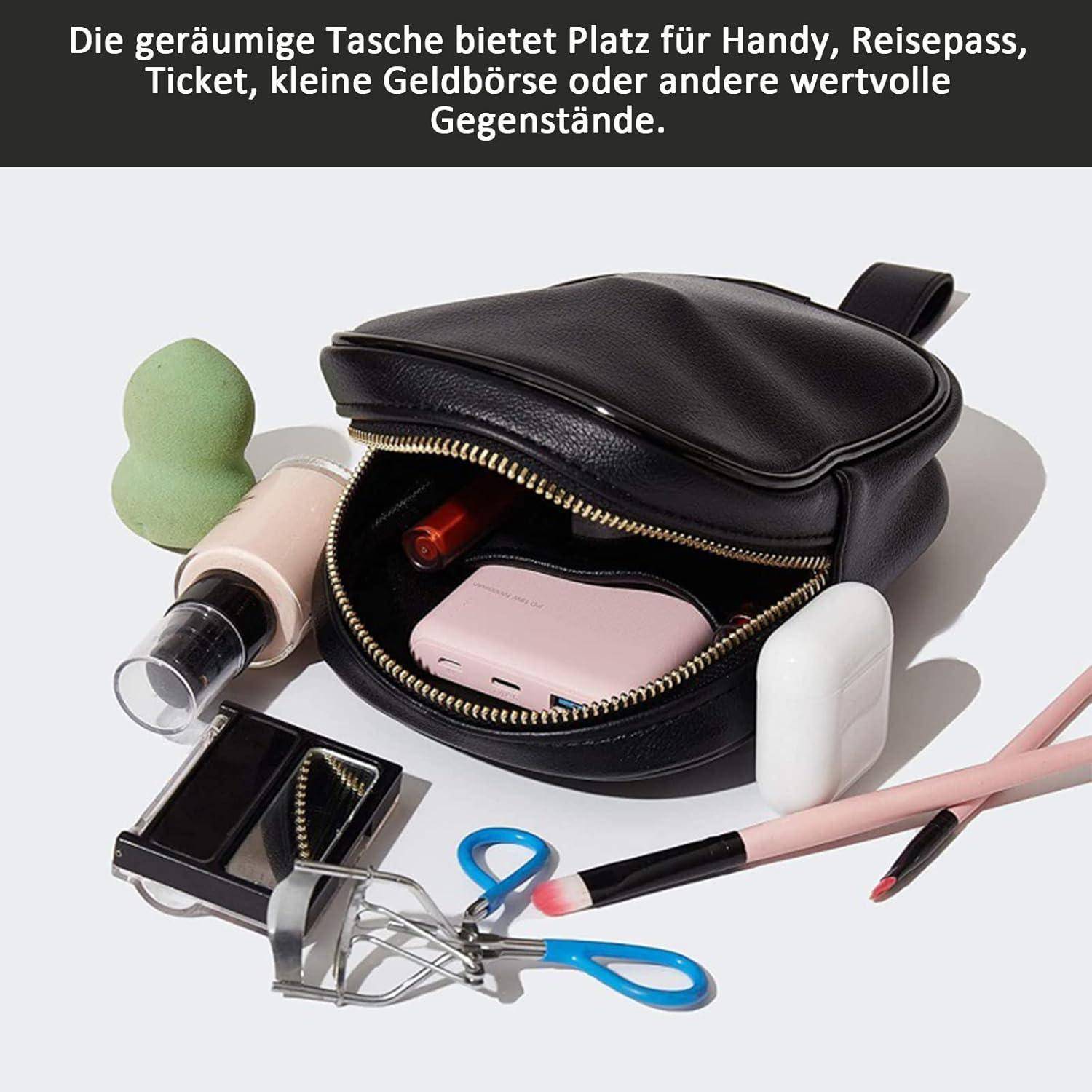 Schwarze Reißverschlusstasche mit offenem Hauptfach, das einen telefongroßen Gegenstand enthält, dargestellt mit alltäglichen Essentials wie Pass, Kosmetik, Geldbörse und Schere; deutscher Text besagt, dass sie Wertsachen aufnimmt.