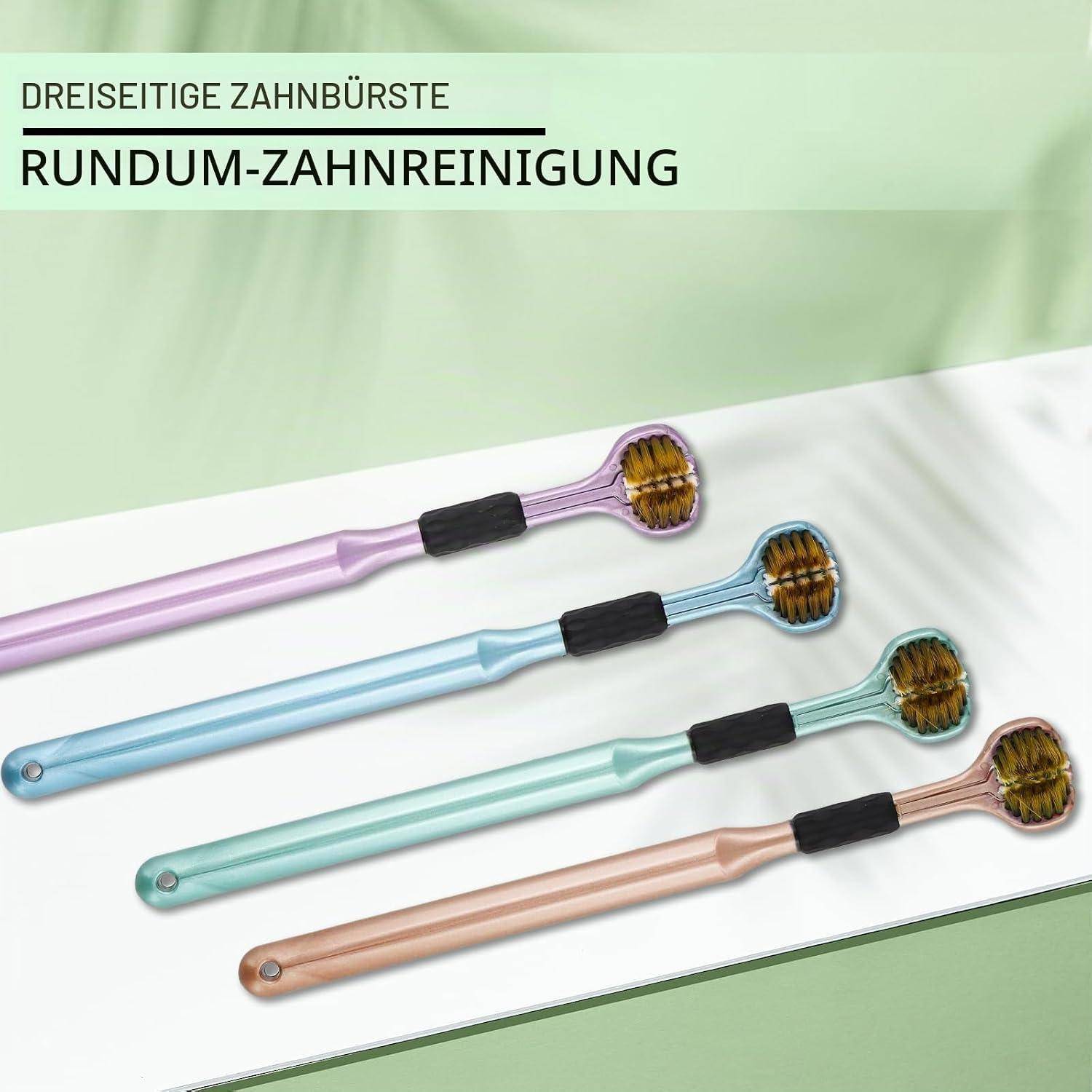 Anzeige zeigt vier dreiseitige Zahnbürsten in Lila, Blau, Grün und Rosé, beschriftet mit 'DREISEITIGE ZAHNBÜRSTE' und 'RUNDUM-ZAHNREINIGUNG'.
