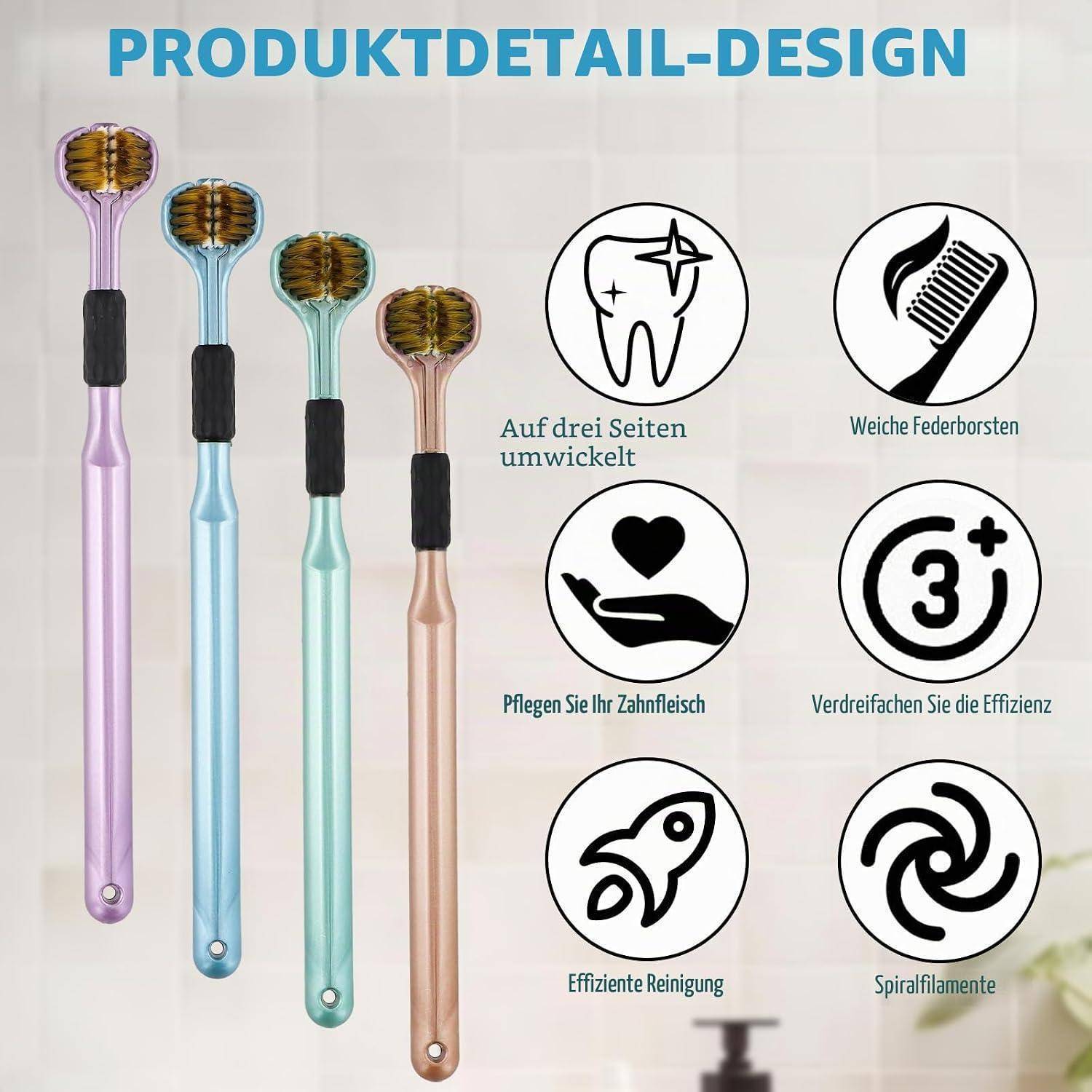 Produktdetail-Design für Zahnbürsten, das vier pastellfarbige Griffe und Symbole zeigt, die 3-seitige Ummantelung, weiche Borsten, Zahnfleischpflege, 3x Effizienz, effiziente Reinigung und spiralförmige Filamente hervorheben.