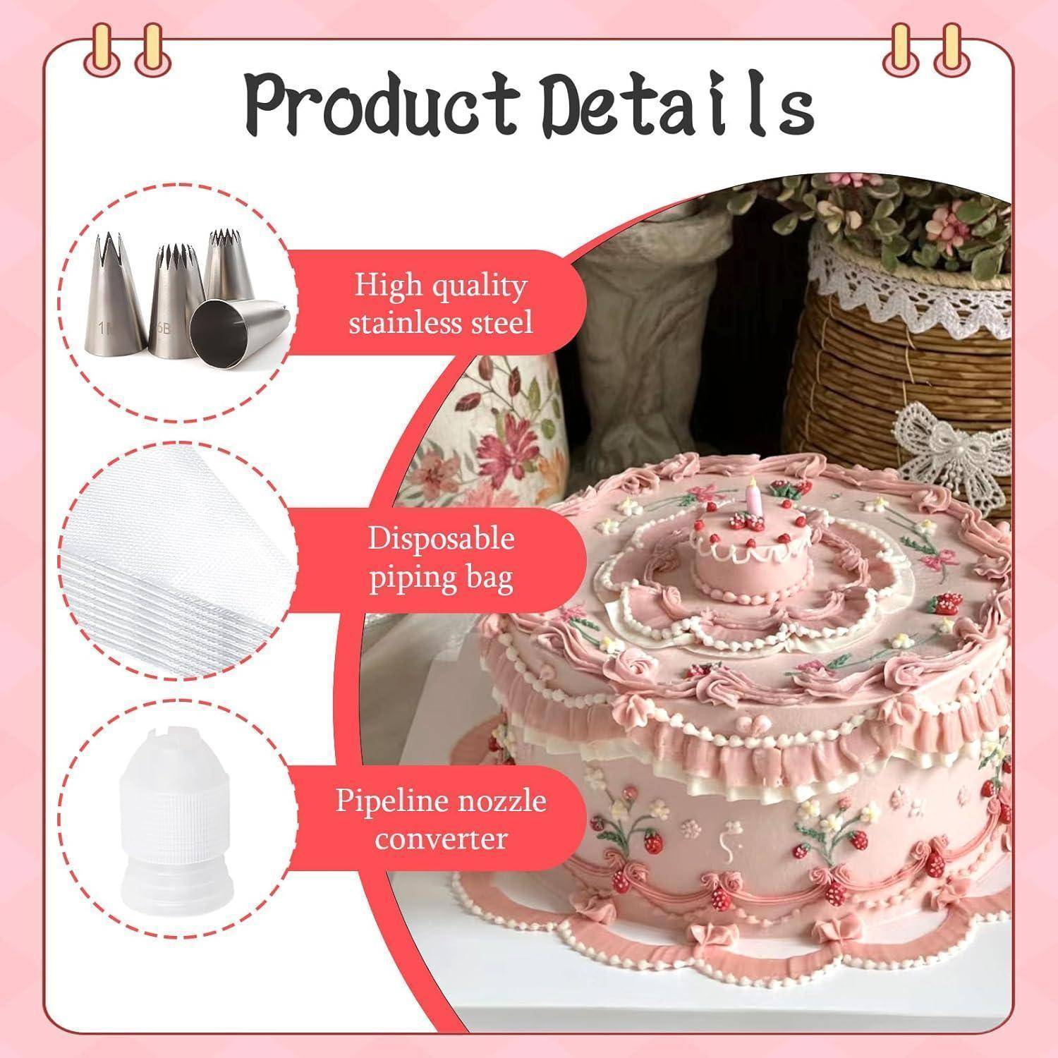Produktdetails für ein Kuchen-Dekorationsset: Edelstahl-Spritztüllen, Einweg-Spritzbeutel und einen Düsenkonverter, dargestellt neben einem dekorierten rosa Kuchen.