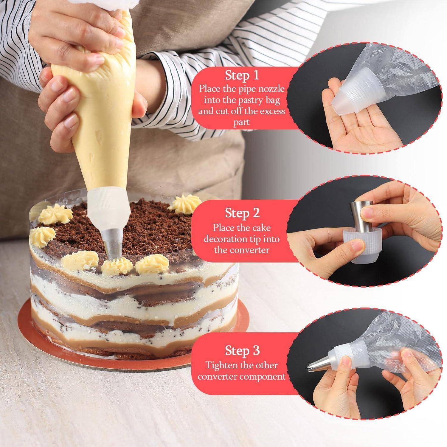 Die Illustration zeigt in drei Schritten, wie man einen Spritzbeutel und einen Adapter zusammensetzt und dann Glasur auf einen Kuchen spritzt.