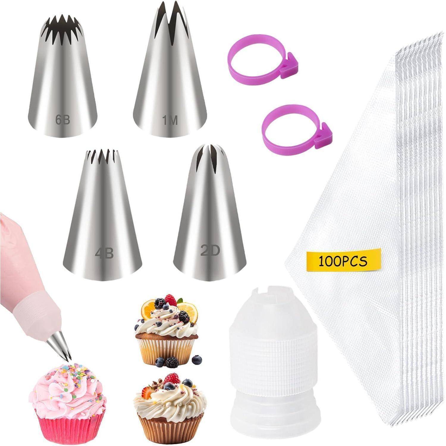 Spritzbeutel-Set mit vier Metalldüsen, zwei violetten Kupplungen, 100 wegwerfbaren Spritzbeuteln und Cupcake-Beispielen mit Frosting-Spitzen.