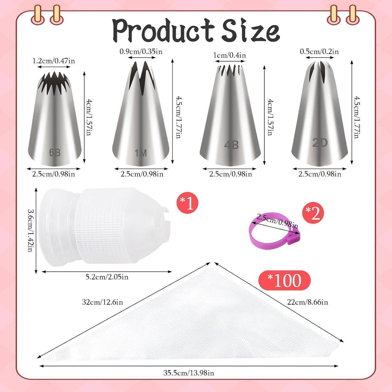Produktgrößentabelle mit vier Metallspritztüllen mit den Bezeichnungen 6B, 1M, 4B und 2D, sowie einem Adapter, Ring und großen Spritzbeutel mit Abmessungen in cm und Zoll.