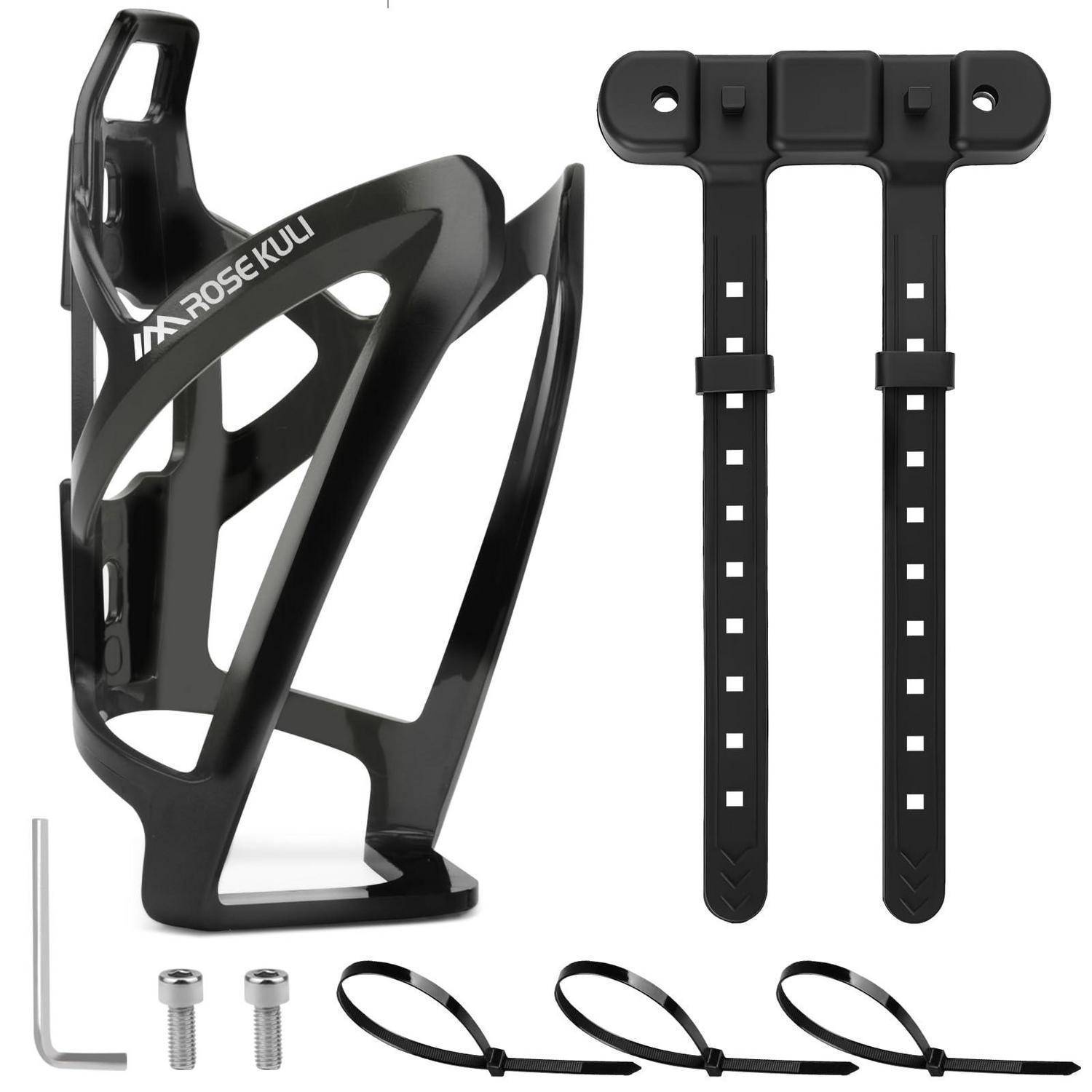 Schwarzes Fahrradverschlusskettenflaschenhalter-Set mit Befestigungshalterung, zwei Schrauben, Sechskantschlüssel und Kabelbindern auf weißem Hintergrund.