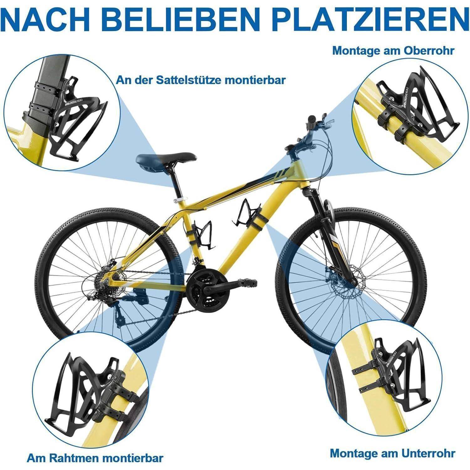Gelbes Fahrrad mit vier hervorgehobenen Flaschenhalter-Montagemöglichkeiten: Sitzrohr, Oberrohr, Unterrohr und Rahmen.