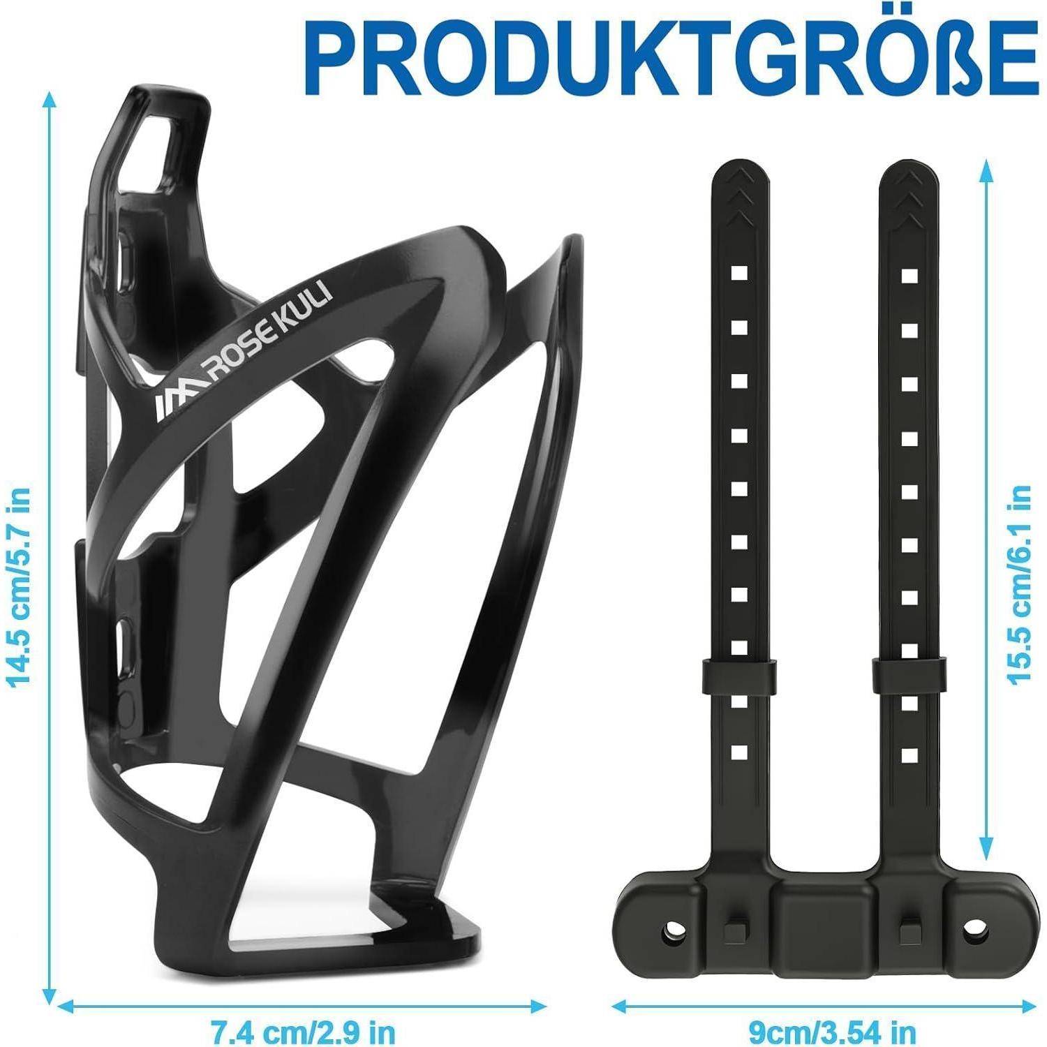 Produktgrößen-Diagramm mit einem schwarzen Fahrrad-Flaschenhalter und einer Montageklammer mit der Bezeichnung 