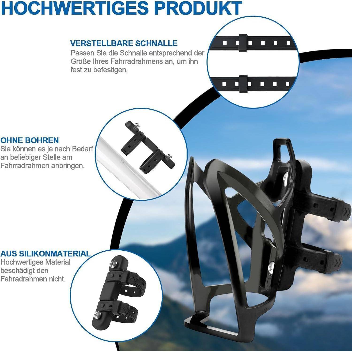 Deutschische Werbegrafik eines Fahrrad-Flaschenhalters mit verstellbarem Riemen, bohrfreier Montage und Silikonmaterial zum Schutz des Fahrradrahmens.