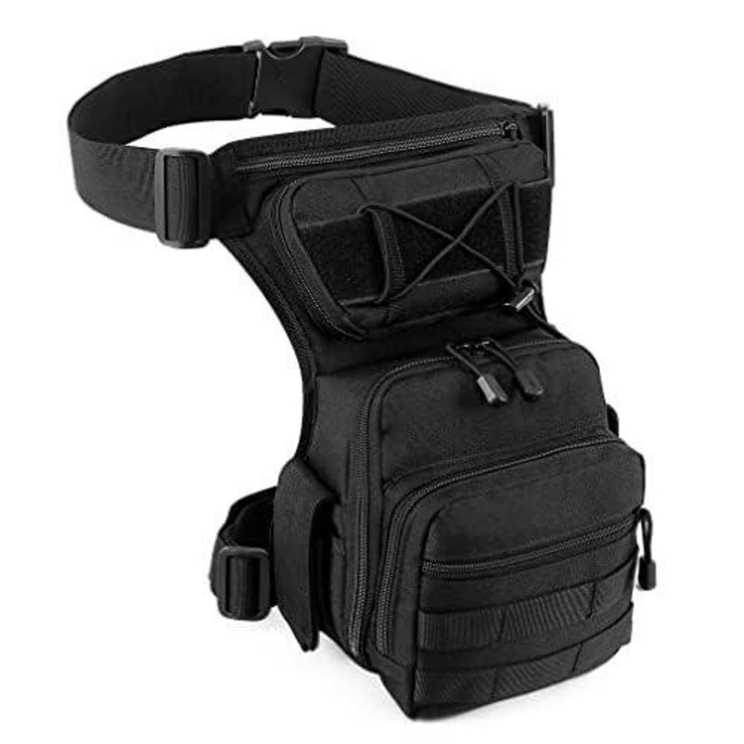 Schwarze taktische Beinabwurftasche mit verstellbaren Hüft- und Oberschenkelriemen, mehreren Reißverschluss-Fächern und MOLLE-kompatiblem Webbing an der Vorderseite.
