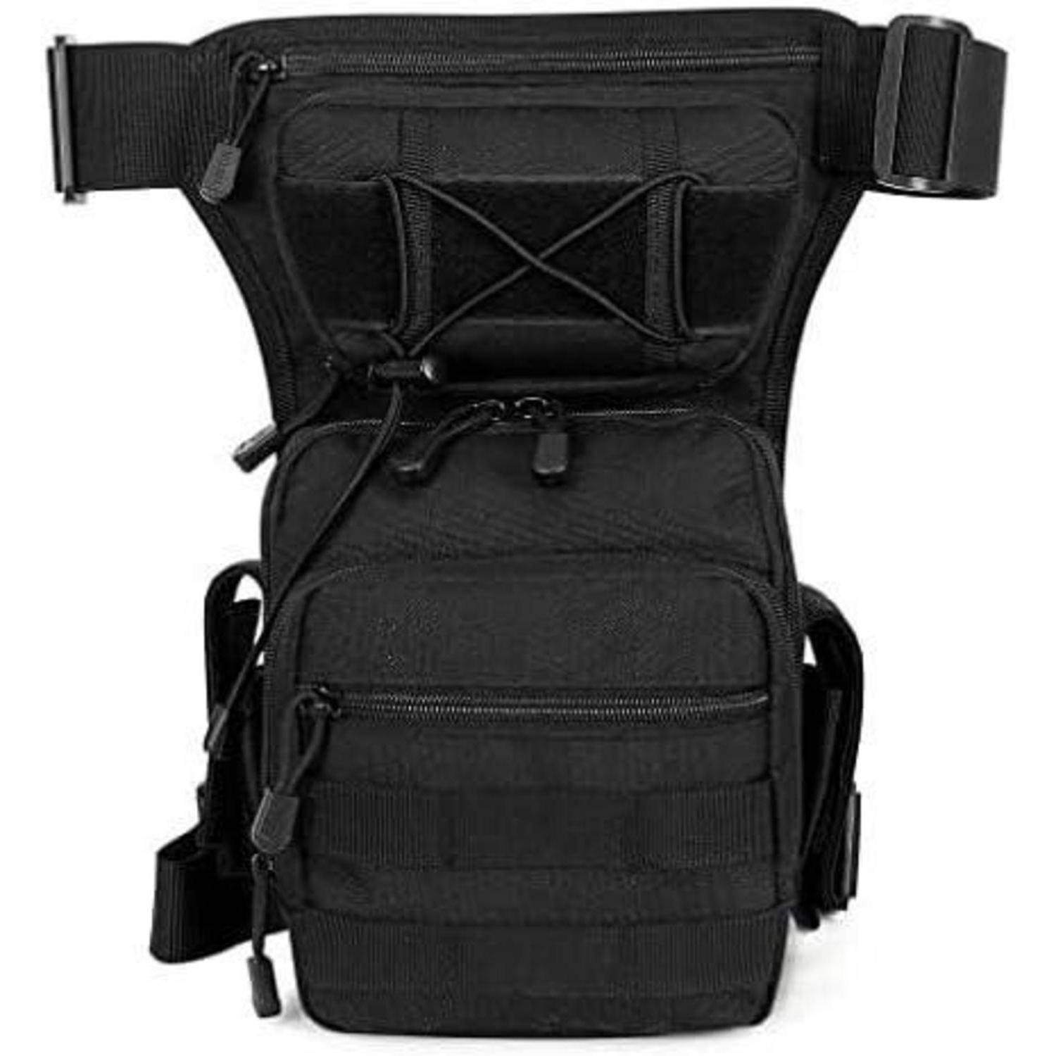 Schwarze taktische Gürteltasche mit verstellbaren Riemen und mehreren verschlossenen Fächern, offen auf weißem Hintergrund dargestellt.