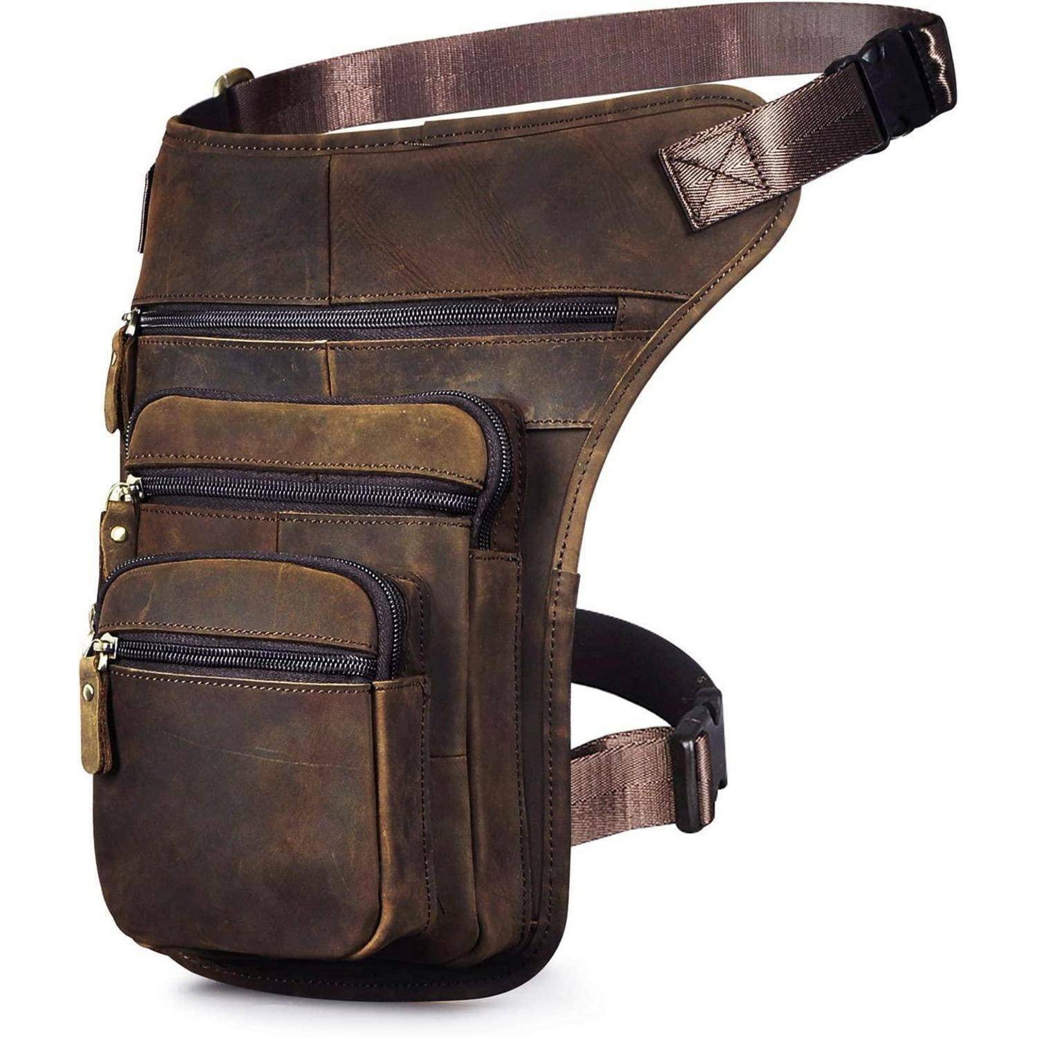 Braune Leder-Beinhostertasche mit mehreren Reißverschlusstaschen an der Vorderseite und verstellbaren Riemen, gezeigt auf weißem Hintergrund.