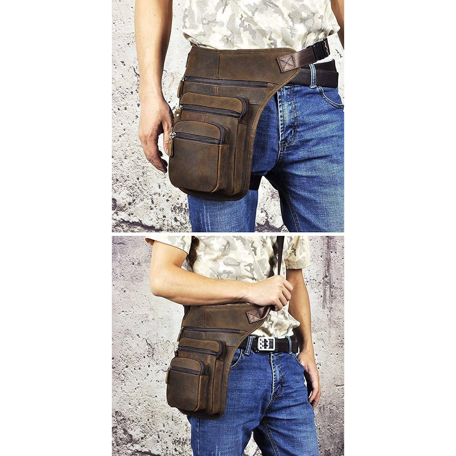 Braune Leder-Oberschenkeltasche, die an der Hüfte getragen und über einer Jeans um die Taille geschnallt wird, in zwei Ansichten an einer Person gezeigt.