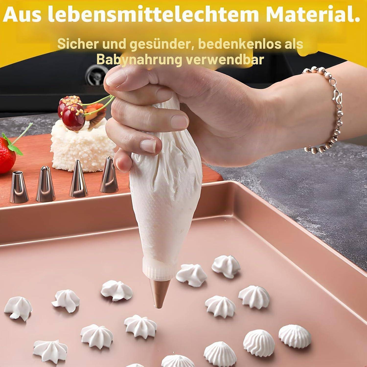 Hände quetschen einen Spritzbeutel, um ein Backblech mit Sahnetupfern zu dekorieren; deutscher Text besagt, dass er aus Lebensmittelqualität hergestellt ist und sicher für Babynahrung ist.