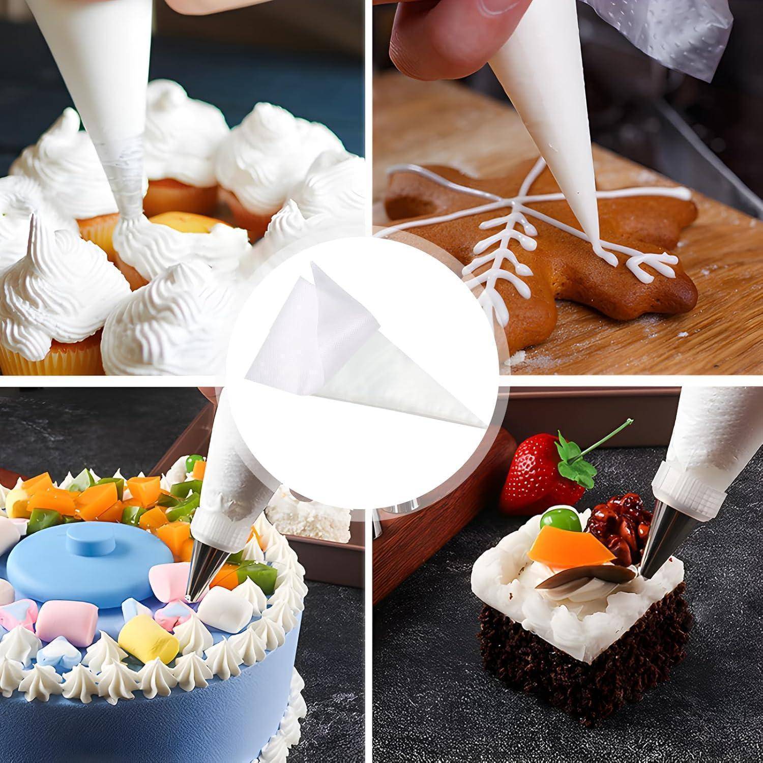 Collage mit einer Spritztüte, die Cupcakes dekoriert, einem Lebkuchen-Keks, einer Torte und einem quadratischen Dessert mit Glasur und Früchten.