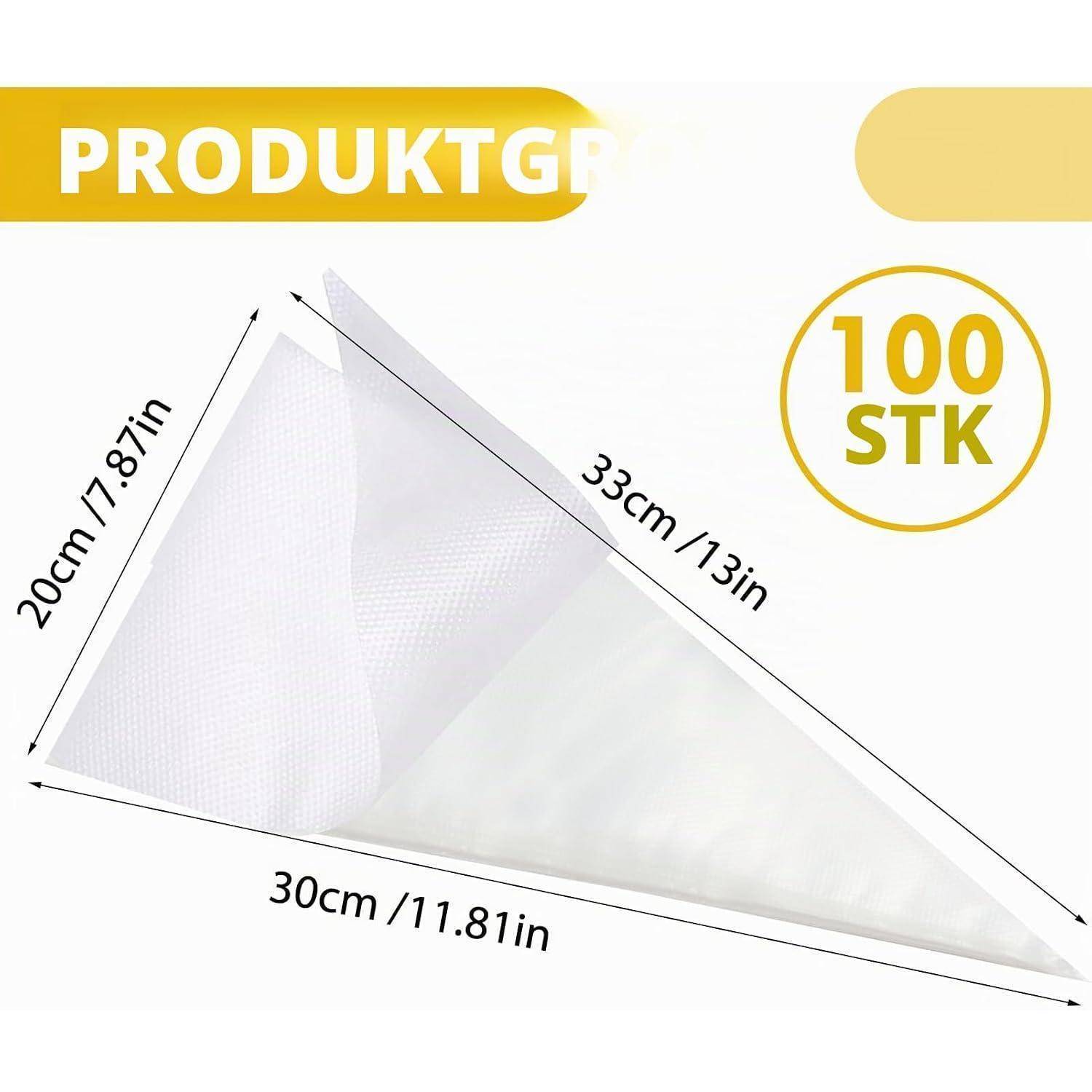 Abbildung eines weißen dreieckigen Netzwäschebeutels mit beschrifteten Abmessungen 20 cm, 30 cm und 33 cm, gekennzeichnet mit '100 STK'.