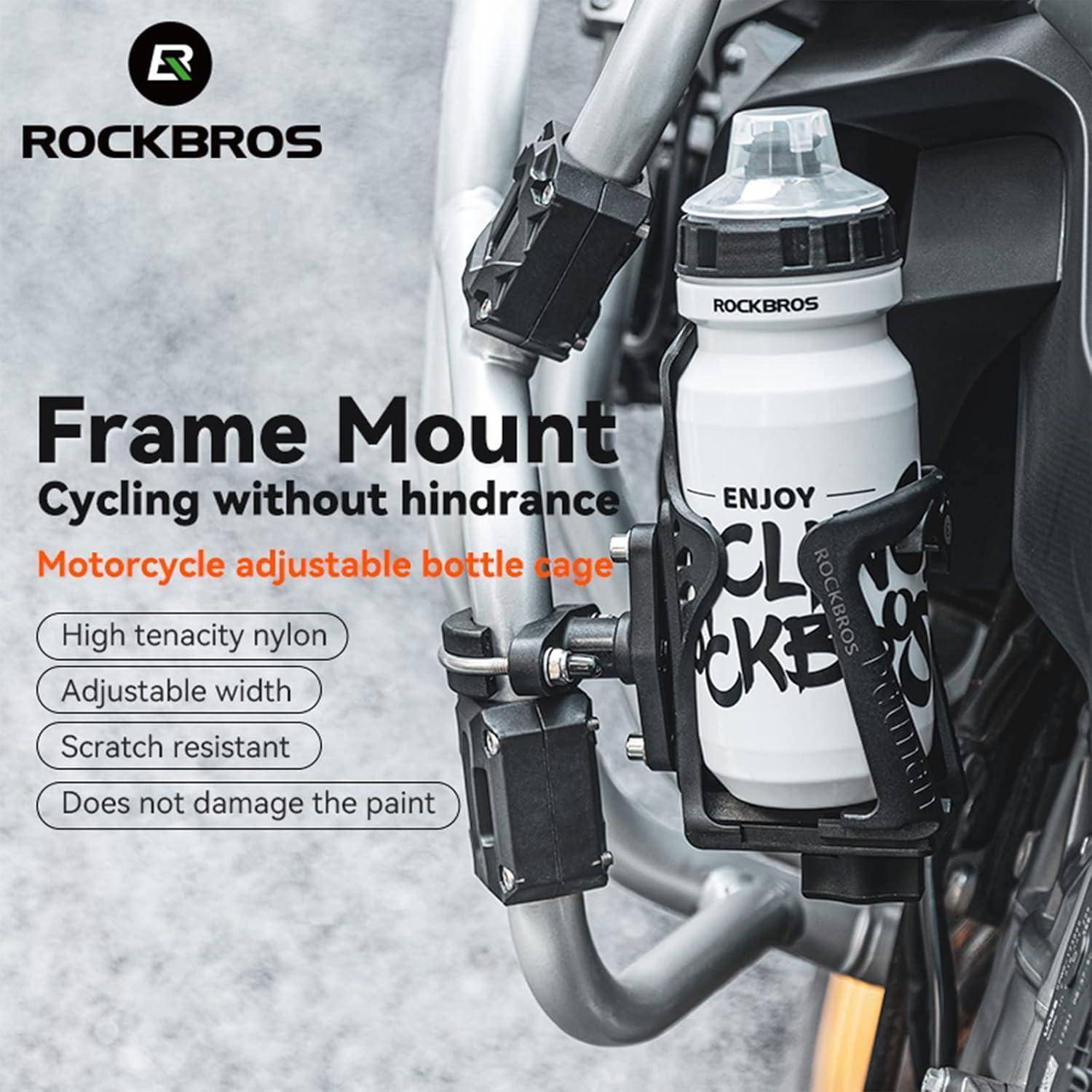 ROCKBROS Motorrad-verstellbarer rahmenmontierter Flaschenhalter zum Halten einer Wasserflasche am Fahrradrahmen, mit Text, der hochfeste Nylon, verstellbare Breite, Kratzerbeständigkeit und keinen Lackschaden bewirbt.