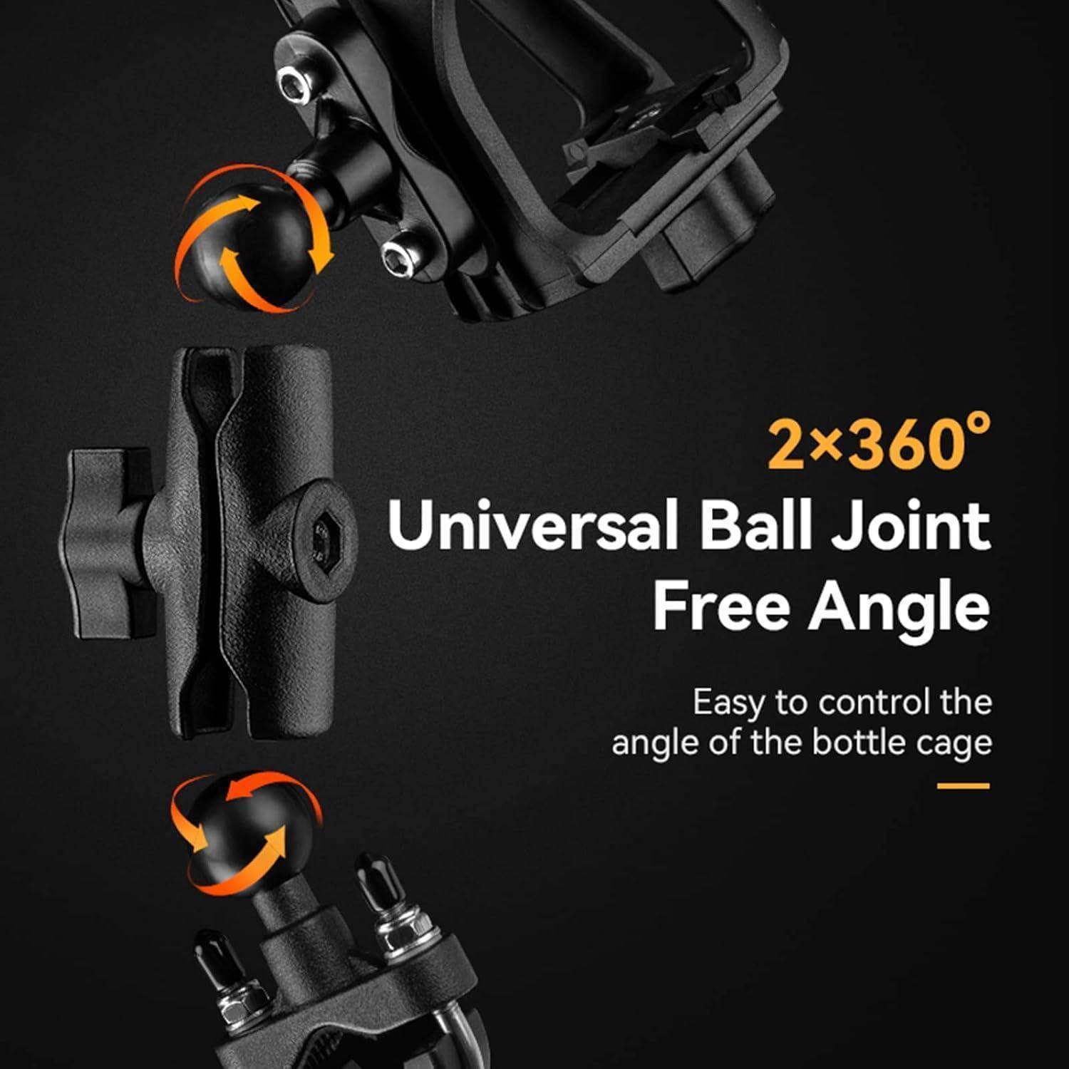 Produktgrafik, die eine Flaschenhalterhalterung mit einem universellen Kugelgelenk zeigt, mit der Bezeichnung „2×360° Universal-Kugelgelenk Freier Winkel