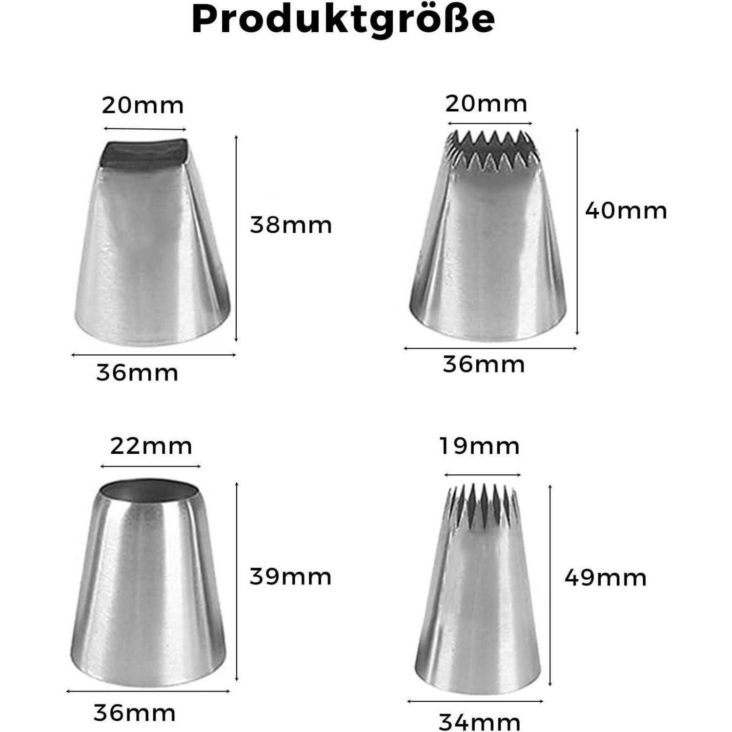 Produktgrößentabelle mit vier Edelstahl-Gebäckspritzbeuteldüsen mit den Abmessungen: 20 mm x 38 mm, 20 mm x 40 mm, 22 mm x 39 mm und 19 mm x 49 mm.