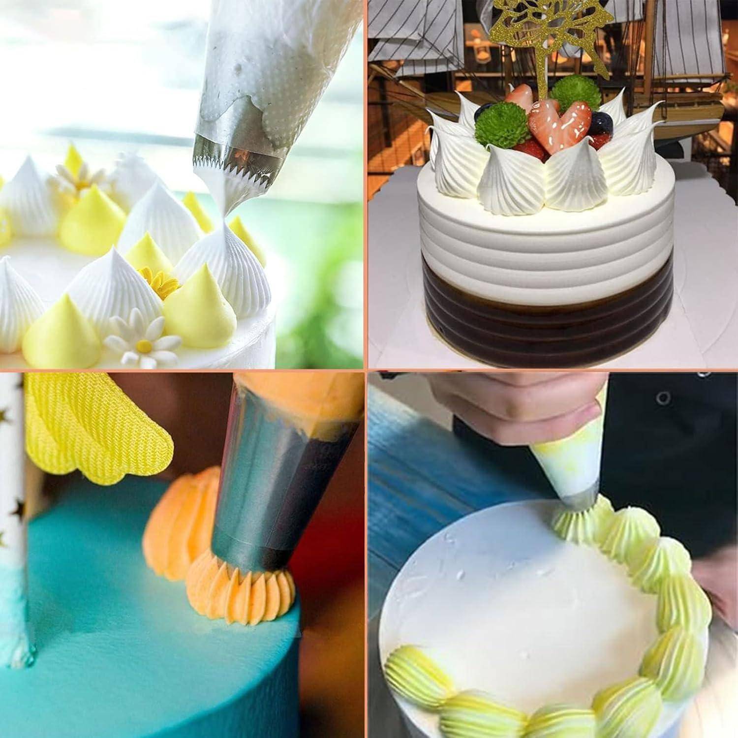 Vierteiliges Bilderkollage, das Spritztechniken für Gebäck zeigt, mit Dekoration von Kuchen mit Buttercreme-Röschen, Muscheln und Wirbeln in Weiß, Gelb und Blau.