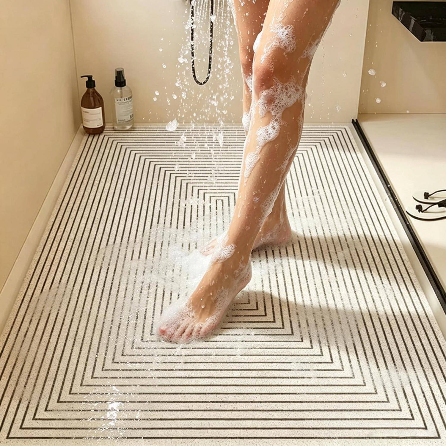 Person, die seifige Beine unter der Dusche über einer geometrischen schwarz-weißen Duschmatte abspült.