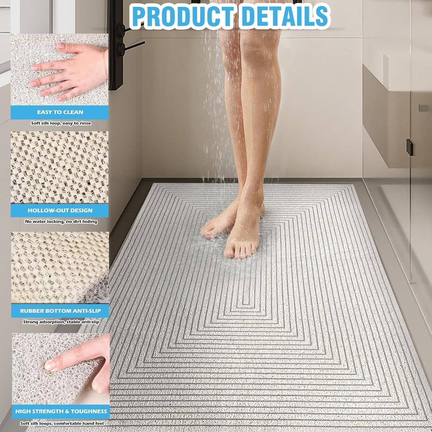 Produktdetails für eine Badezimmermatte: leicht zu reinigen, hohles Quick-Drain-Design, rutschfester Gummiboden und langlebares weiches Material; unter einer Dusche dargestellt.
