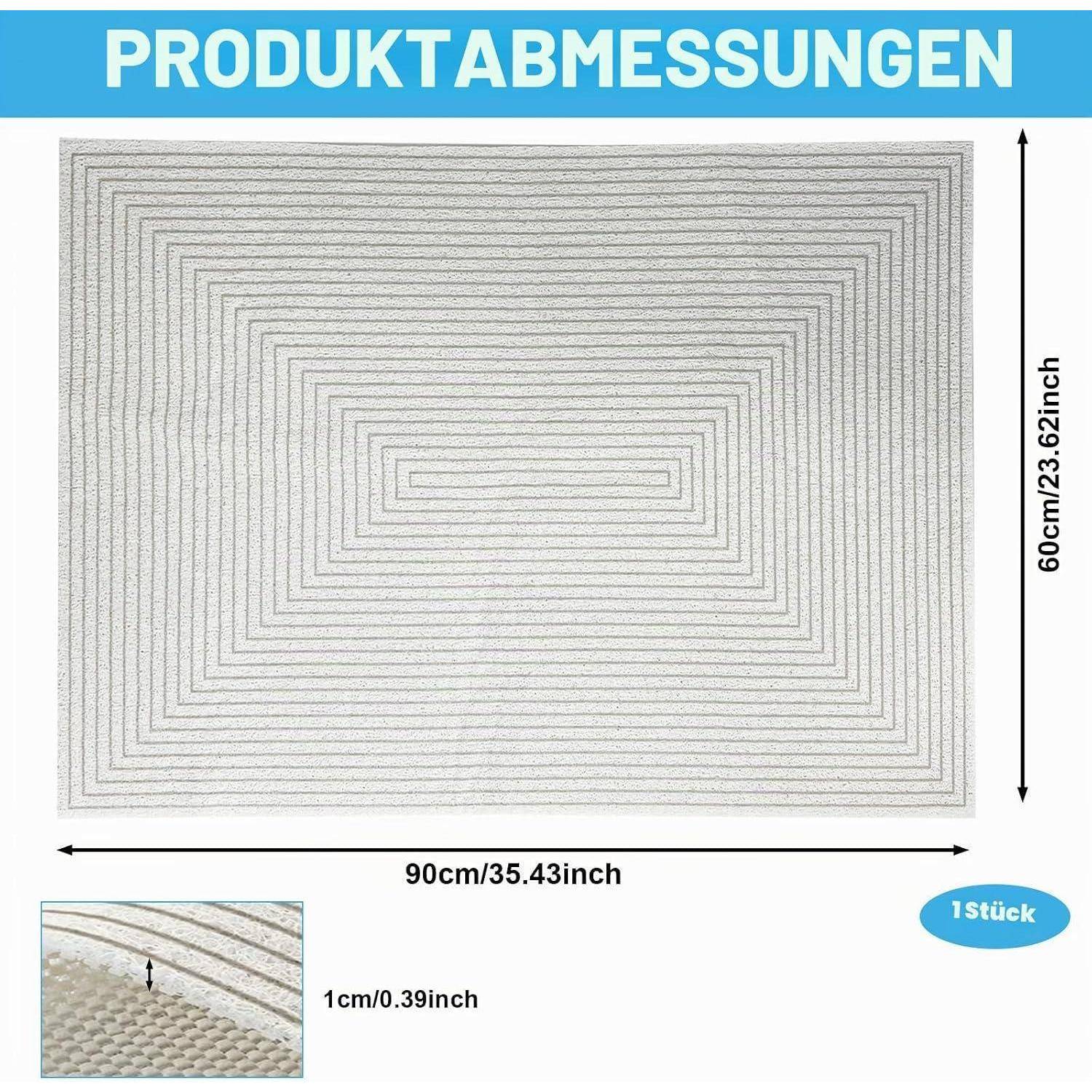 Produktabmessungsdiagramm zeigt eine rechteckige Matte, 90 cm breit mal 60 cm hoch, mit einer Nahaufnahme und 1 cm Dicke.