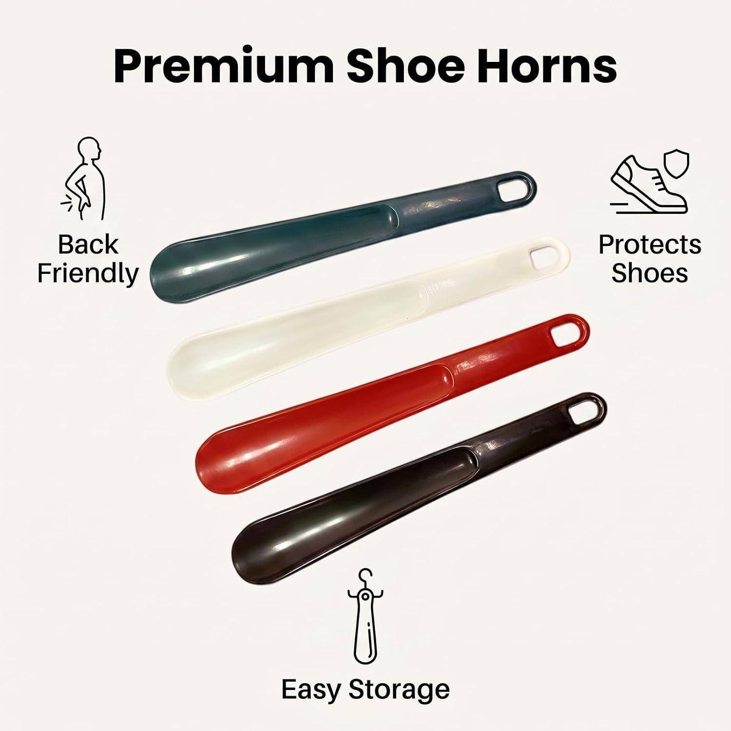 Premium Schuhlöffel in vier Farben gezeigt, beschriftet mit rückenschonend, schützt Schuhe und einfache Lagerung.