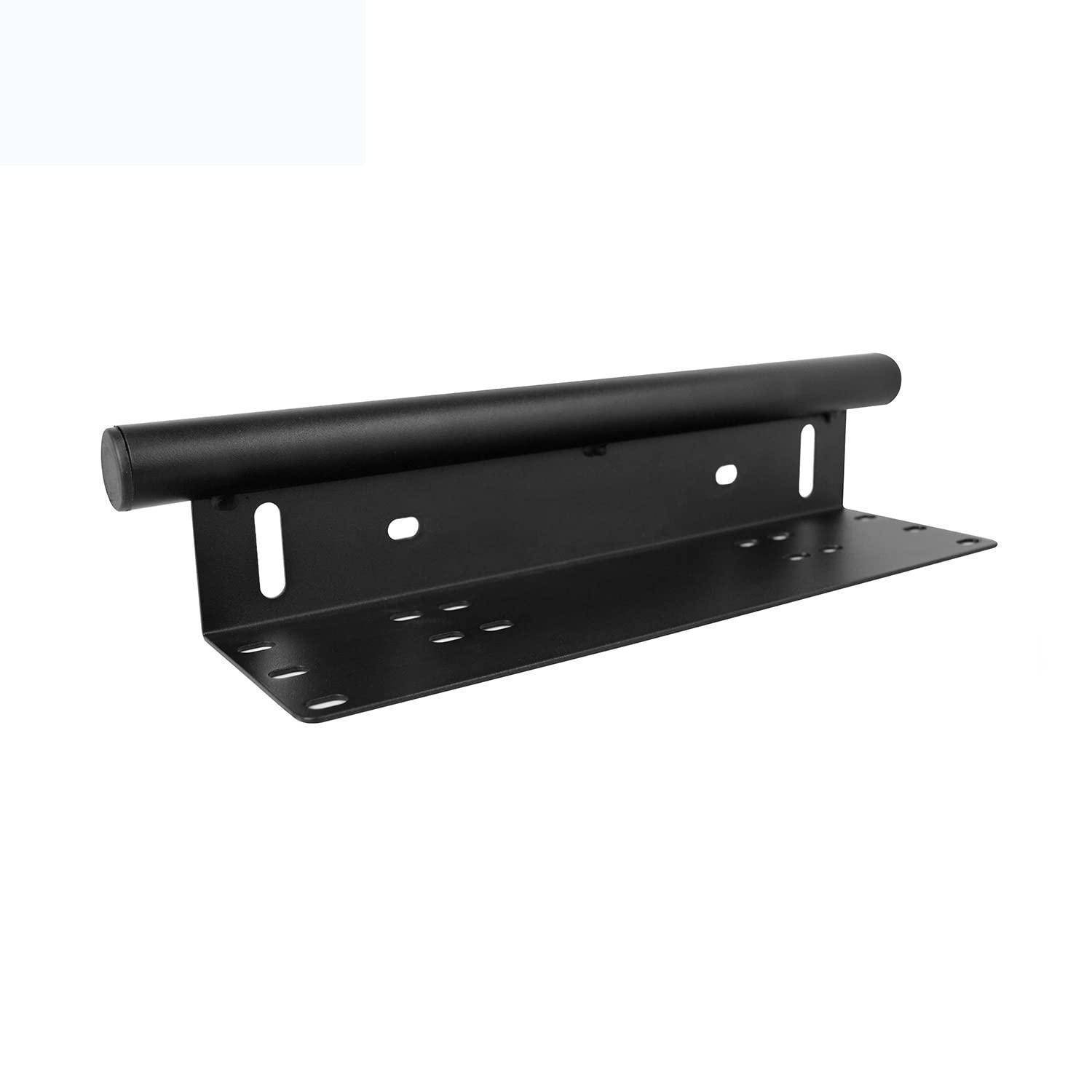 Schwarze Metall-Wandhalterung mit zylindrischer Oberschiene und gelochter Grundplatte auf weißem Hintergrund.