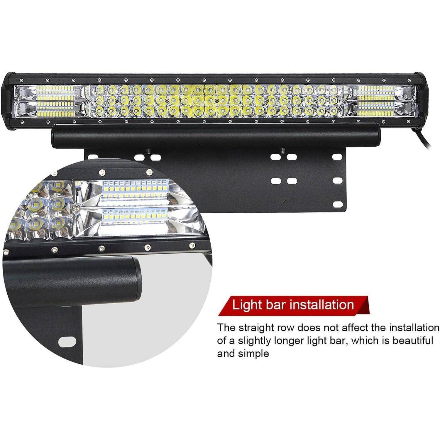 LED-Lichtleiste auf einer schwarzen Halterung montiert, mit einer Nahaufnahme im Inset, die die Installationspassform zeigt, und der Beschriftung „Installation der Lichtleiste