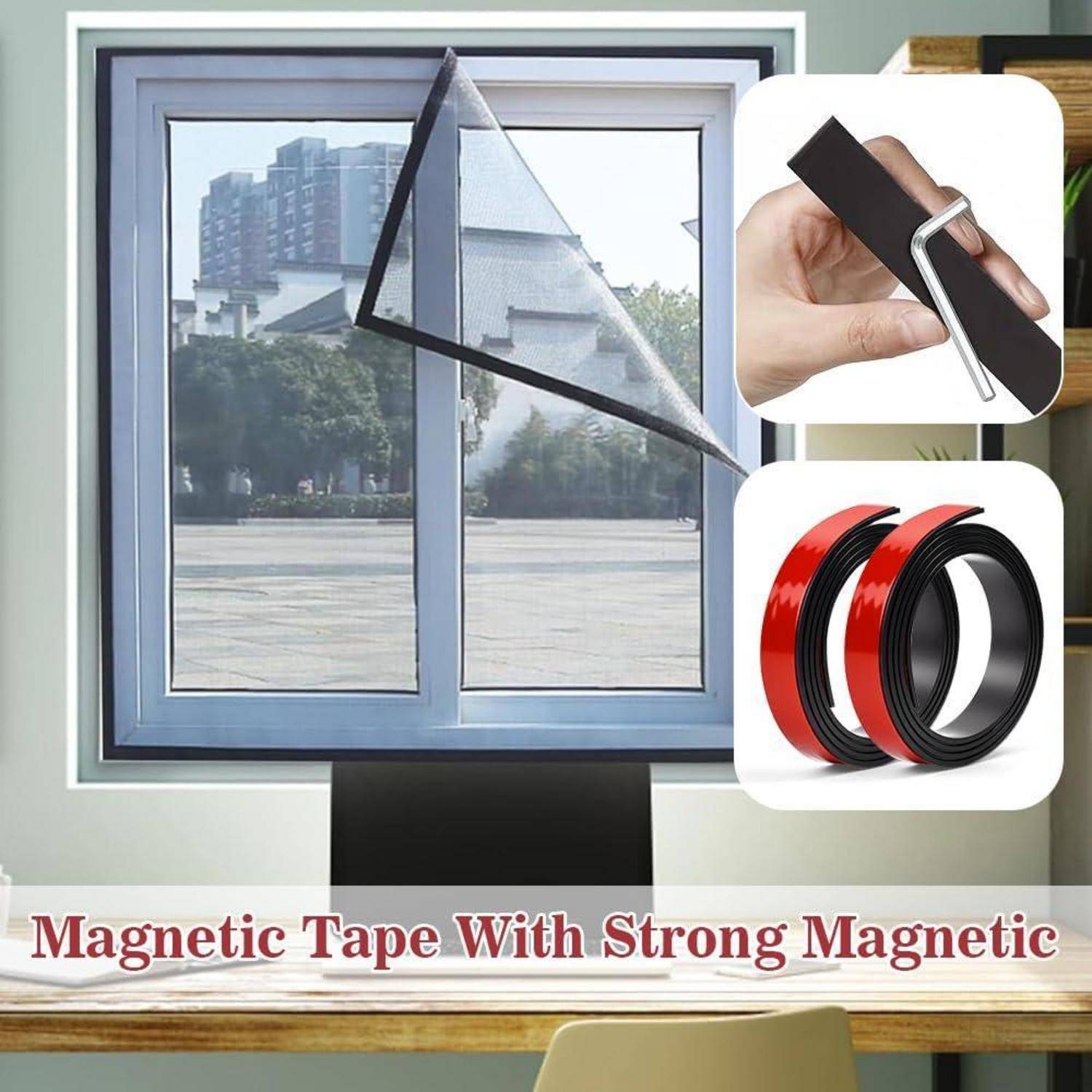 Werbebild für Magnetklebeband zum Befestigen eines Fliegengitters, zeigt eine Hand beim Anbringen des Bandes und die rot-schwarzen Klebebandrollen.