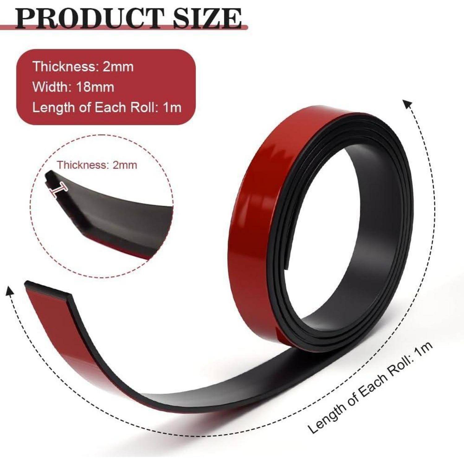 Größendiagramm einer rot-schwarzen Klebeband-Rolle: Dicke 2 mm, Breite 18 mm, Länge 1 m pro Rolle.