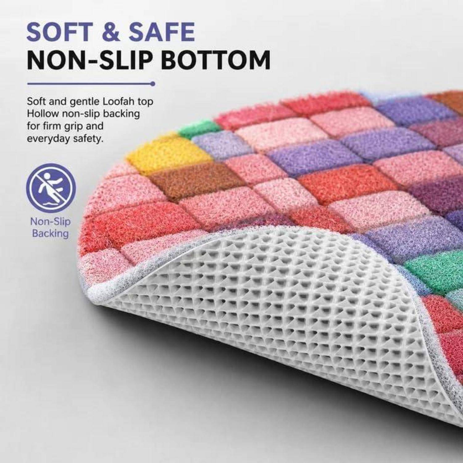 Buntes kariertes Badezimmertuch mit der Aufschrift „SOFT & SAFE NON-SLIP BOTTOM