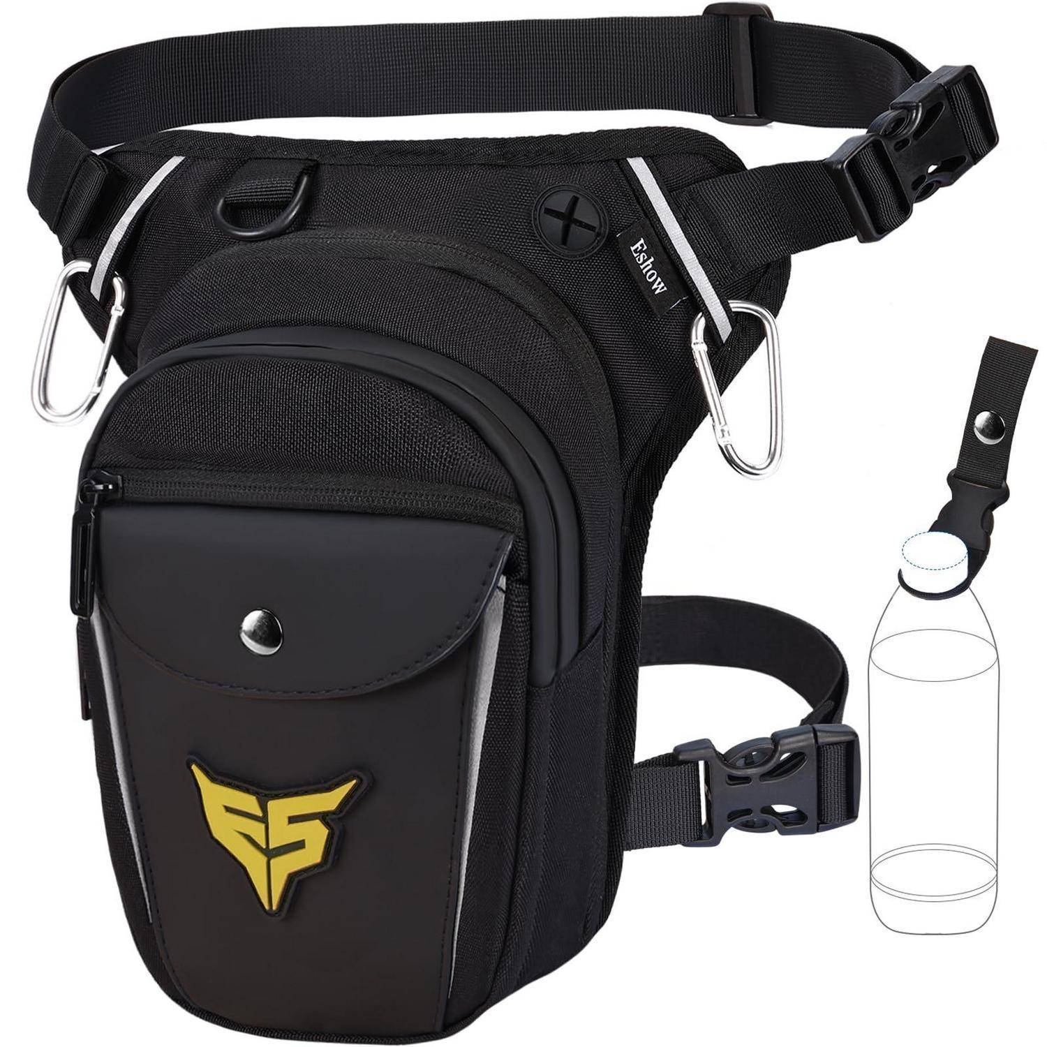 Schwarze taktische Hüfttasche mit verstellbarem Gürtel, Vordertasche, seitlichem Schnallengurt, Metallclips und einem daneben gezeigten Flaschenhalter.