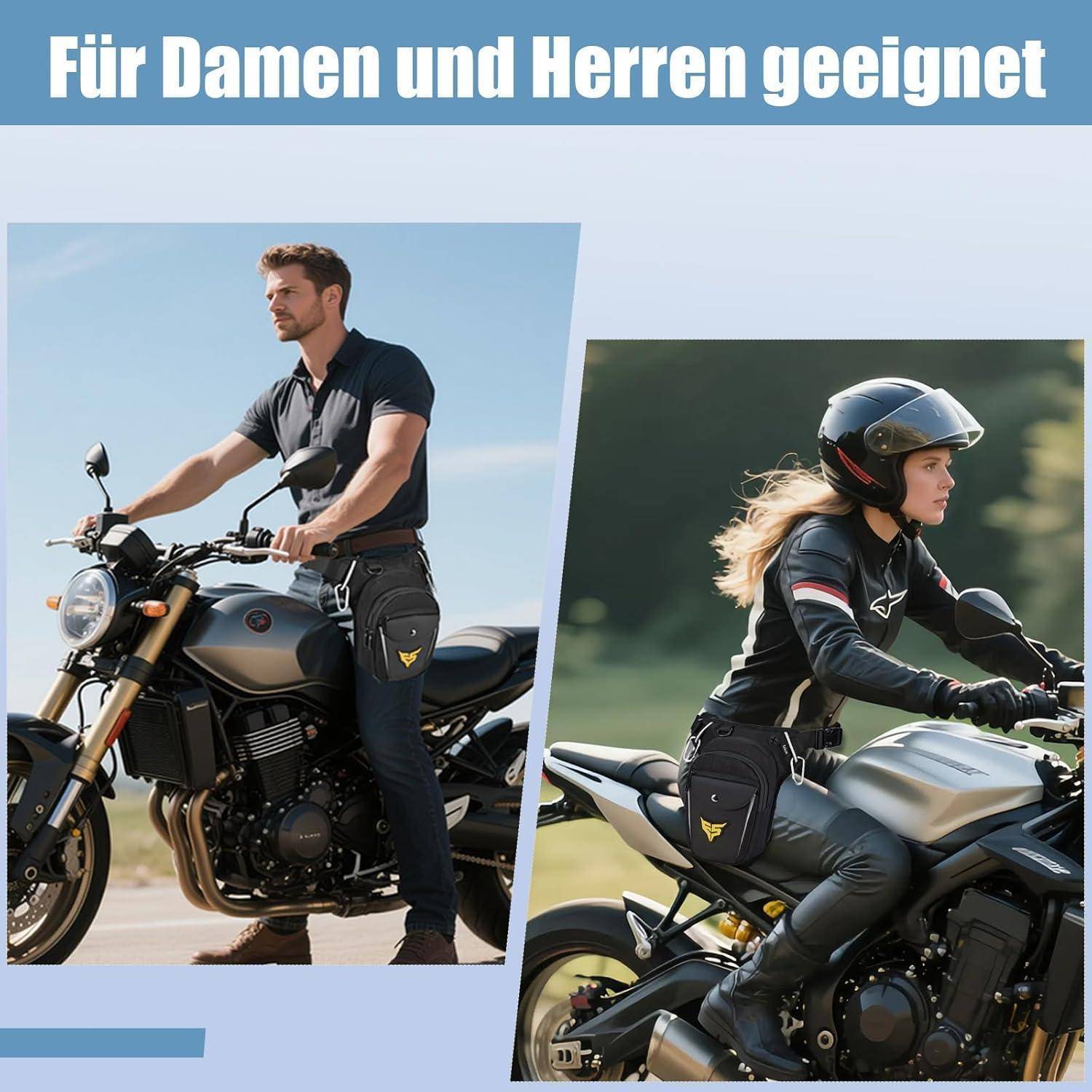 Werbeimage mit einem Mann und einer Frau auf Motorrädern, mit deutschem Text „Für Damen und Herren geeignet", was anzeigt, dass es für Frauen und Männer geeignet ist.