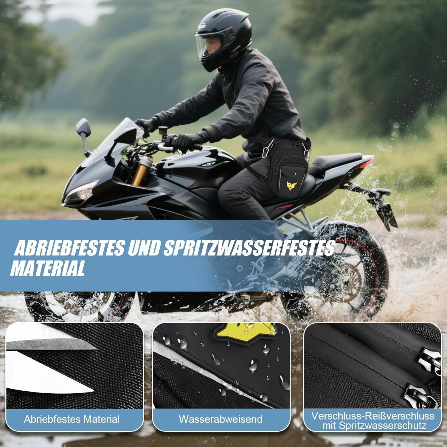 Person, die auf einem schwarzen Motorrad durch Wasser fährt, mit deutschem Text, der verschleißfeste und wasserabweisende Materialien bewirbt, sowie detaillierte Materialfeature-Panels in Nahaufnahme.