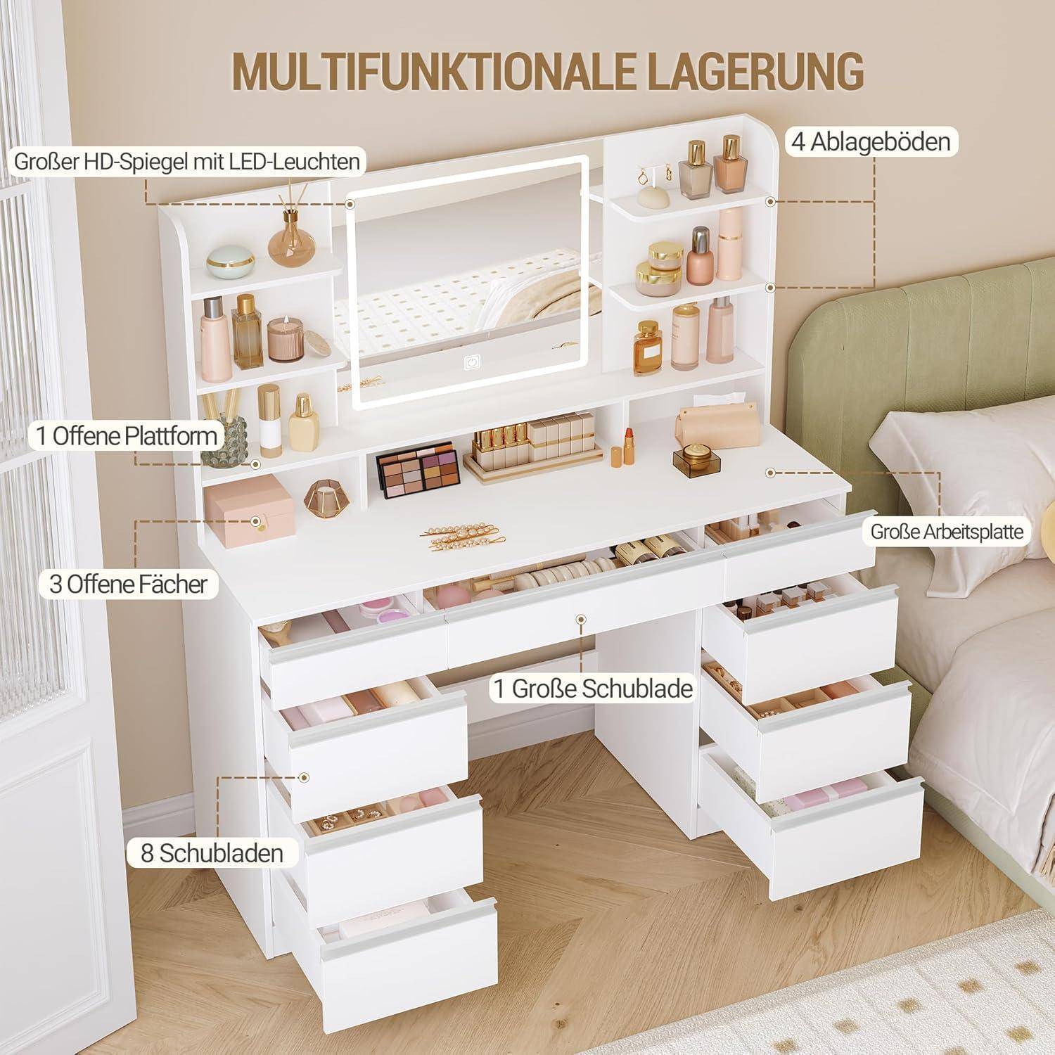 Weiße Multifunktions-Frisiertisch mit Spiegel und LED-Leuchten, Regalen, Schubladen und großer Arbeitsfläche neben einem Bett; Beschriftungen in deutscher Sprache heben Lagerfunktionen hervor.