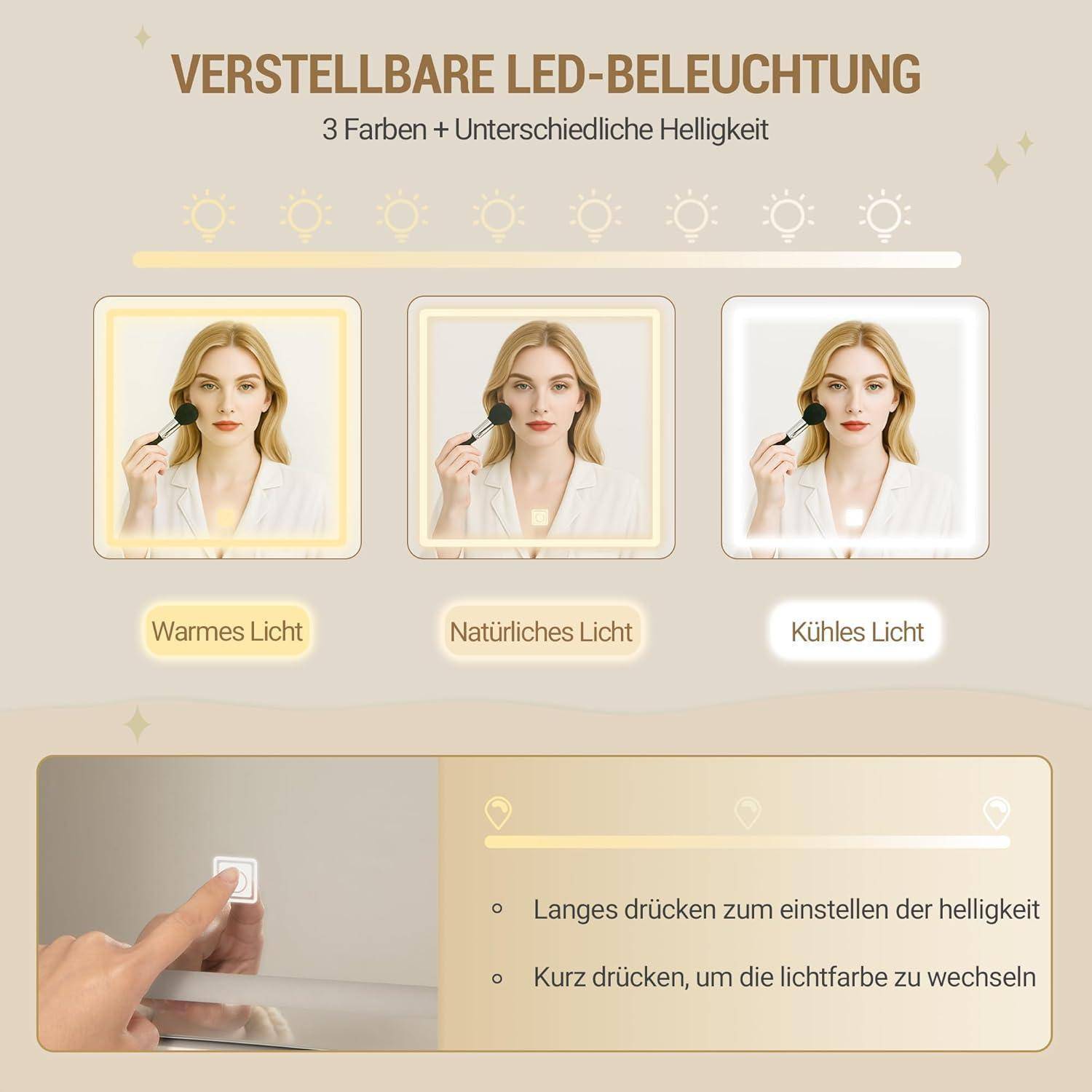 Infografik zeigt einstellbare LED-Beleuchtung mit 3 Farben und Helligkeitsstufen: Warmweiß, Tageslicht und Kaltweiß; langes Drücken passt die Helligkeit an, kurzes Drücken wechselt die Farbe.
