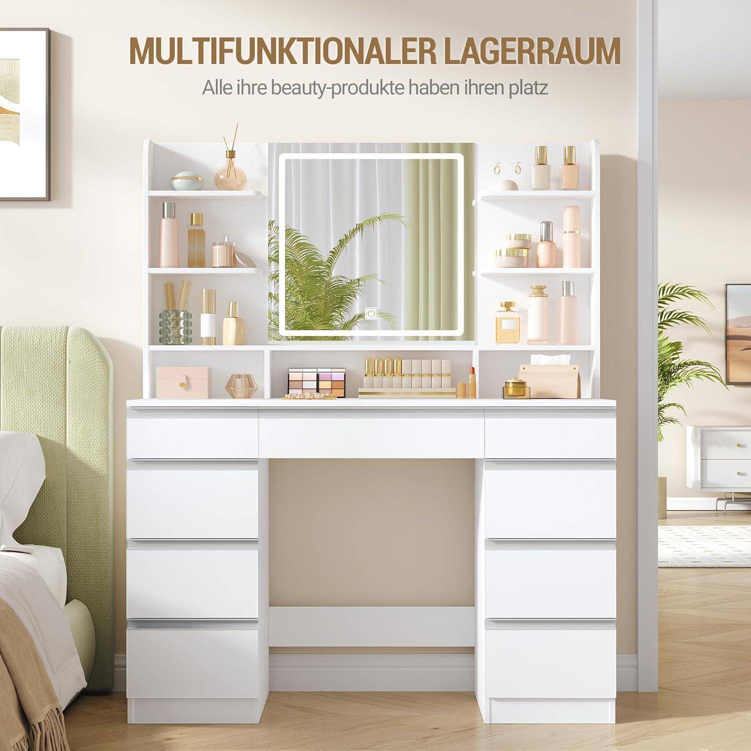 Weiße Vanity-Aufbewahrungseinheit mit Spiegel, Regalen und Schubladen für Beauty-Produkte; Text lautet „MULTIFUNKTIONALER LAGERRAUM