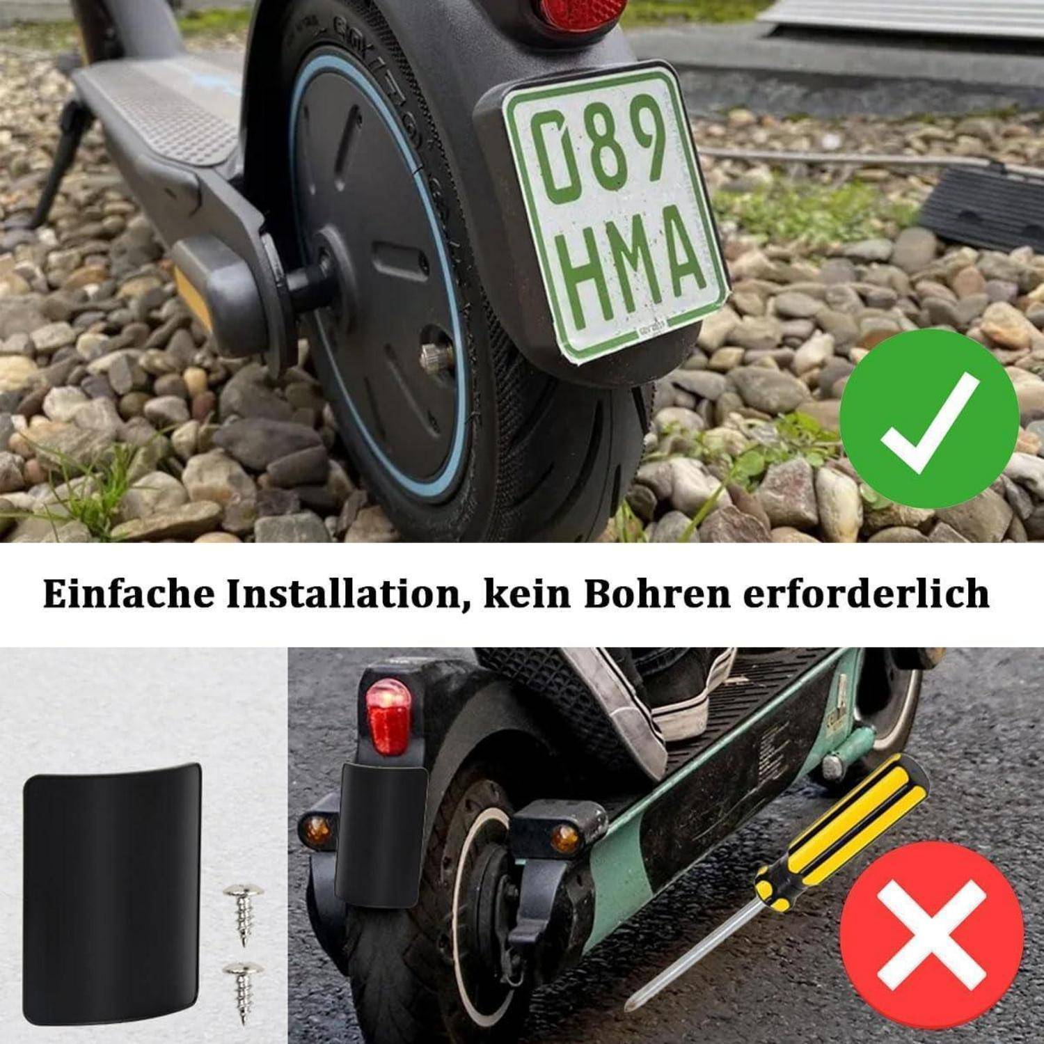 Abbildung zeigt die Installation der Kennzeichenhalterung für einen Roller: oberes Bild mit 