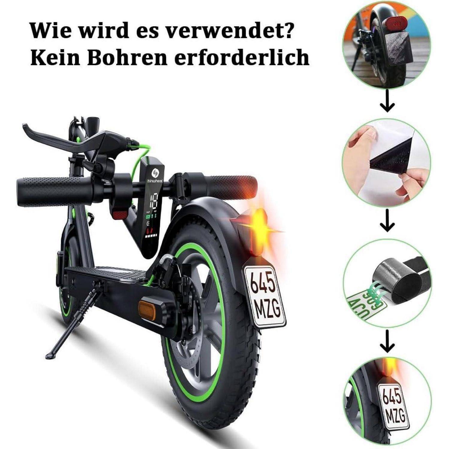Elektrischer Roller mit angebrachtem hinterem Nummernschild und Beleuchtung; der deutsche Text besagt „Wie wird es verwendet? Kein Bohren erforderlich