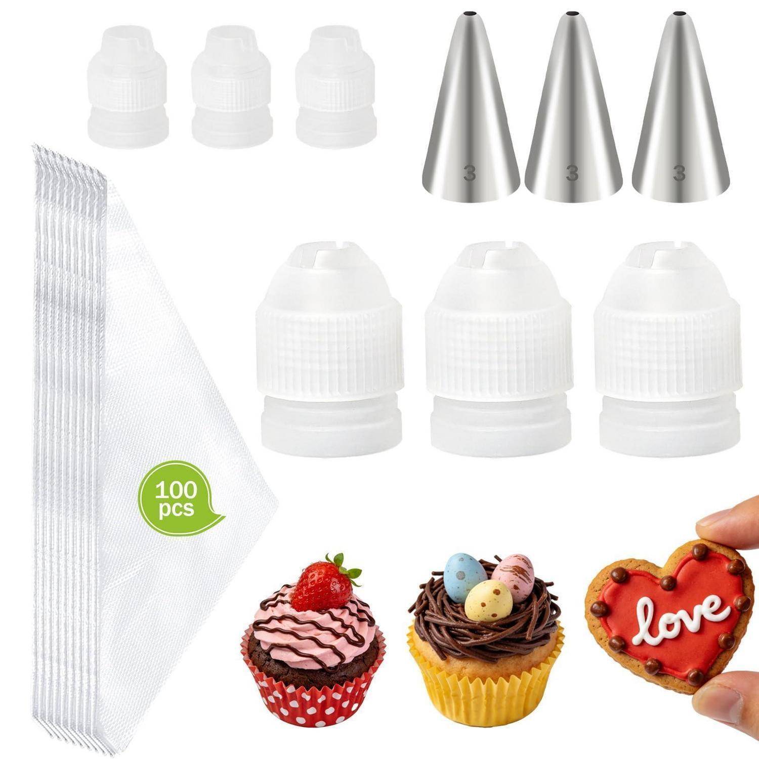 Spritzbeutel-Dekorationset mit 100 Einwegbeuteln, 3 Adaptern, 3 Metallspitzen und Beispielen zur Dekoration von Cupcakes/Keksen.