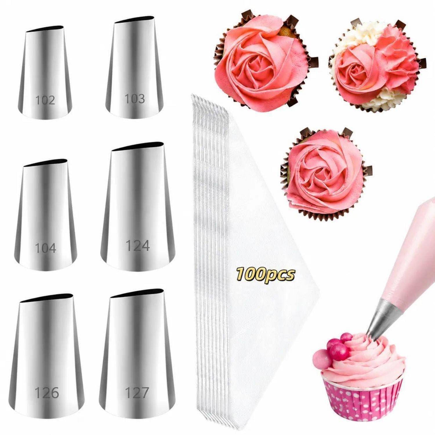 Kuchendekorationset mit sechs Metallspritztülen, Einweg-Spritzbeuteln und Beispiel-Cupcake-Dekorationen in rosa Rosenform; enthält Etikett mit „100 Stück